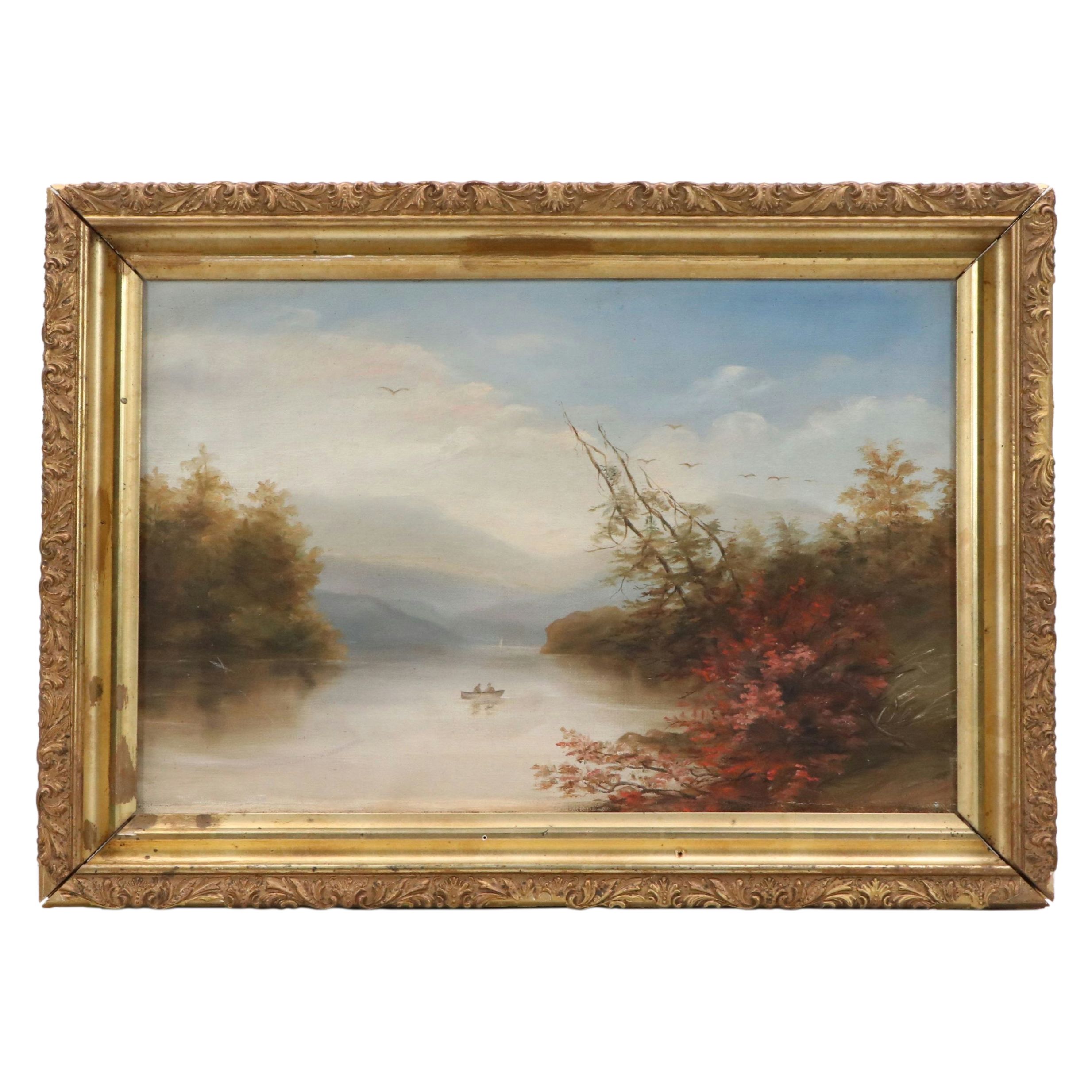 Riverscape Oil on Canvas with Paddlers in Canoe, 20th Century