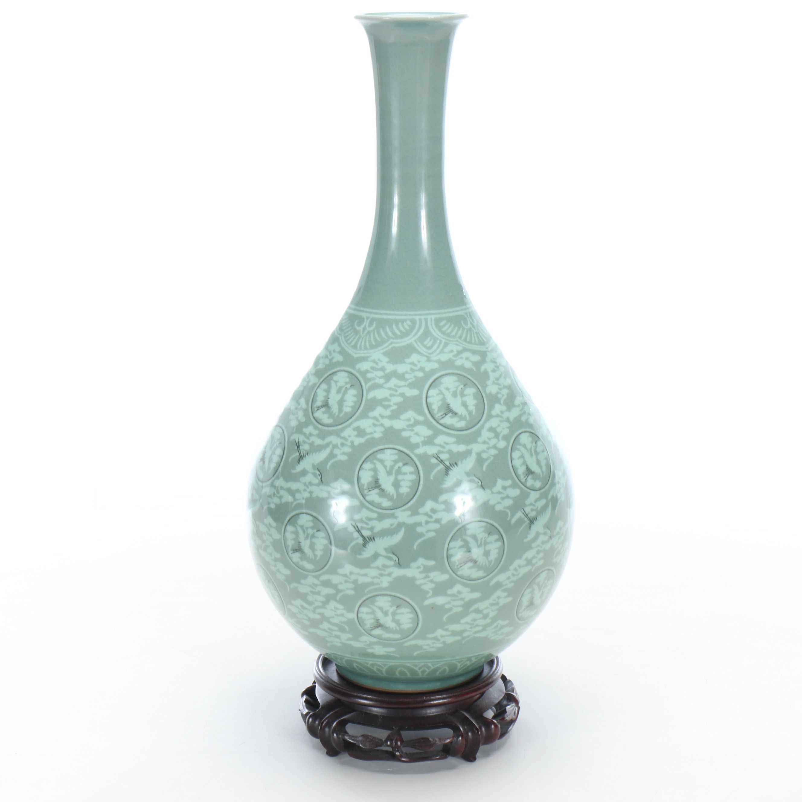 Korean Celadon Crane and Cloud Porcelain Vase, Mid to Late 20th Century