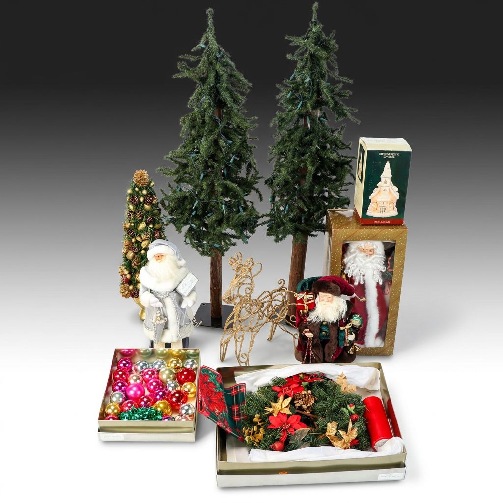 Standing Artificial Pine Trees, Colorful Glass Ornaments and More Holiday Décor