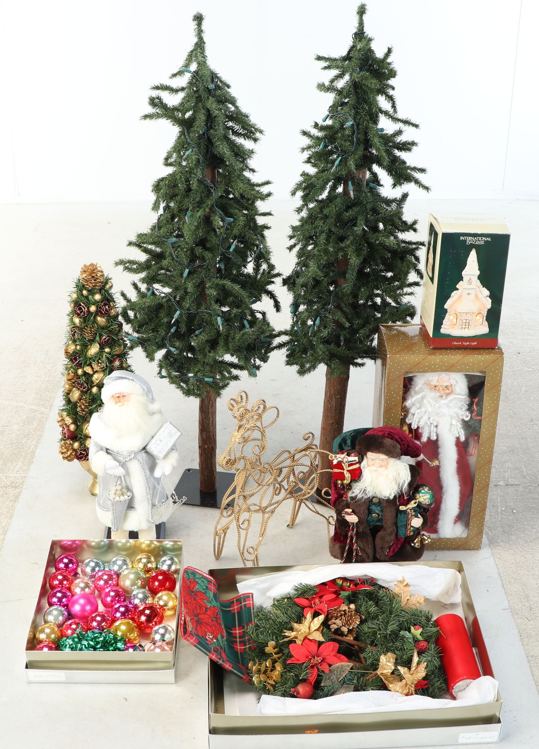 Standing Artificial Pine Trees, Colorful Glass Ornaments and More Holiday Décor