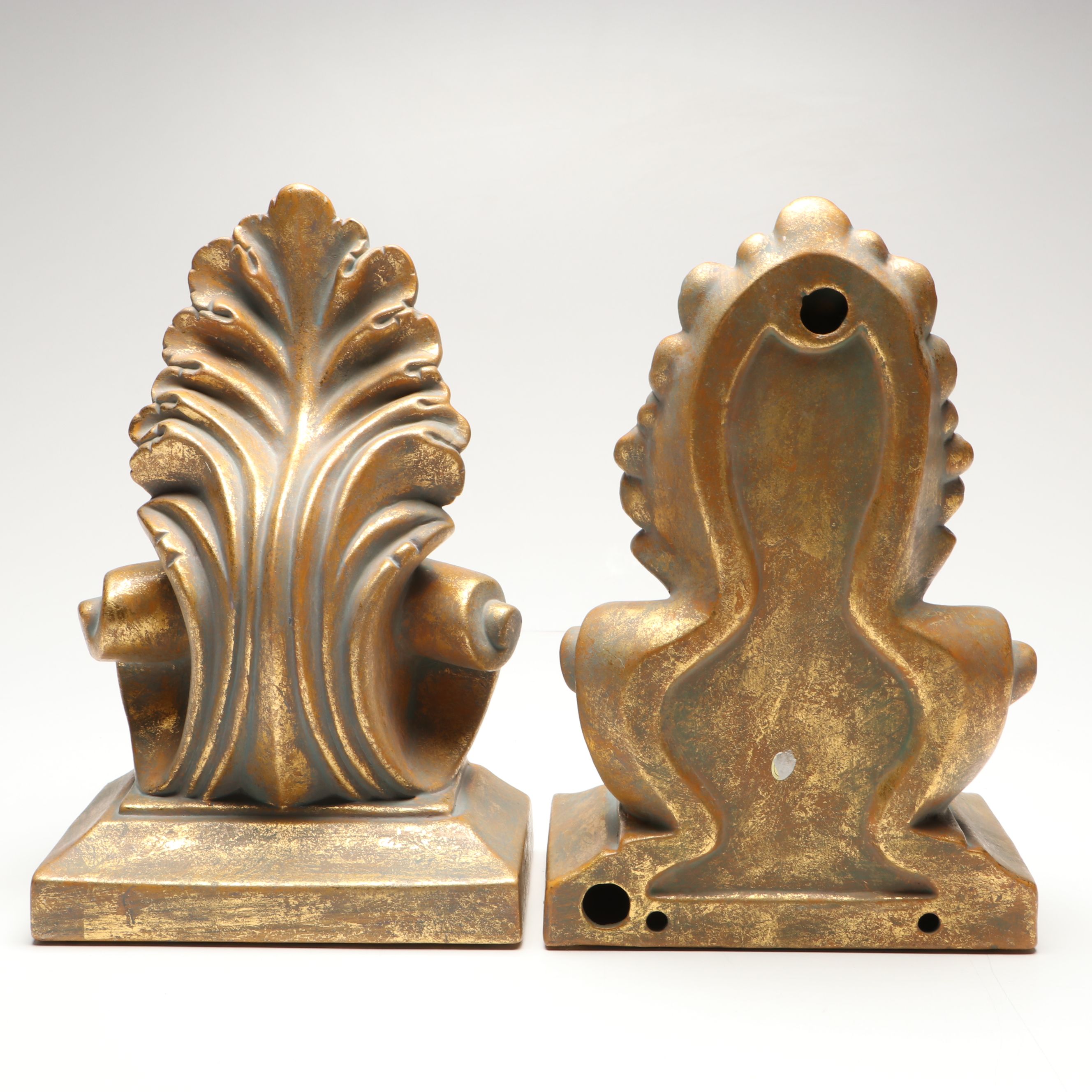 Baroque Style Metallic Finish Bookends and Ceramic Acanthus Leaf Wall Shelves