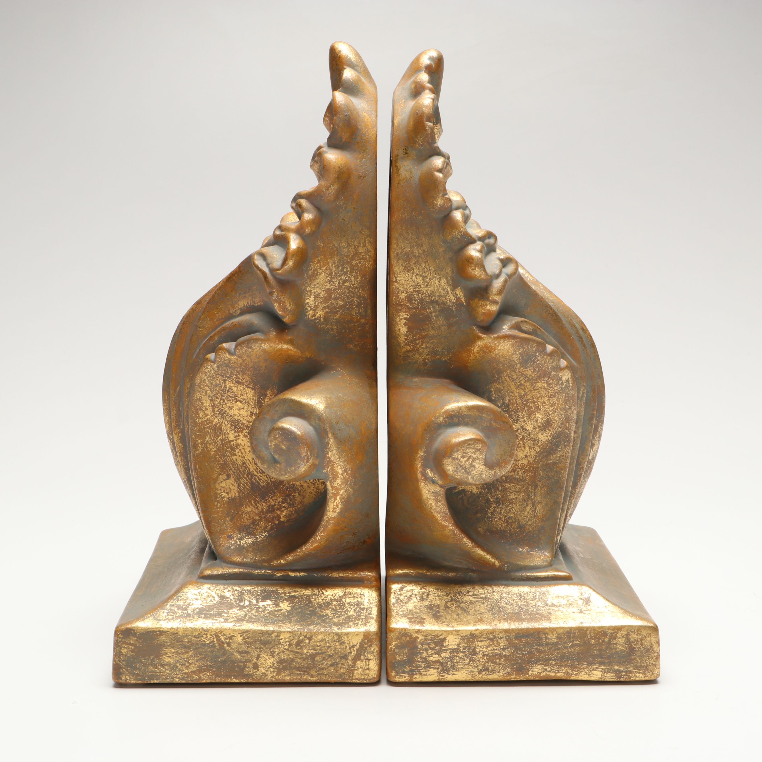 Baroque Style Metallic Finish Bookends and Ceramic Acanthus Leaf Wall Shelves
