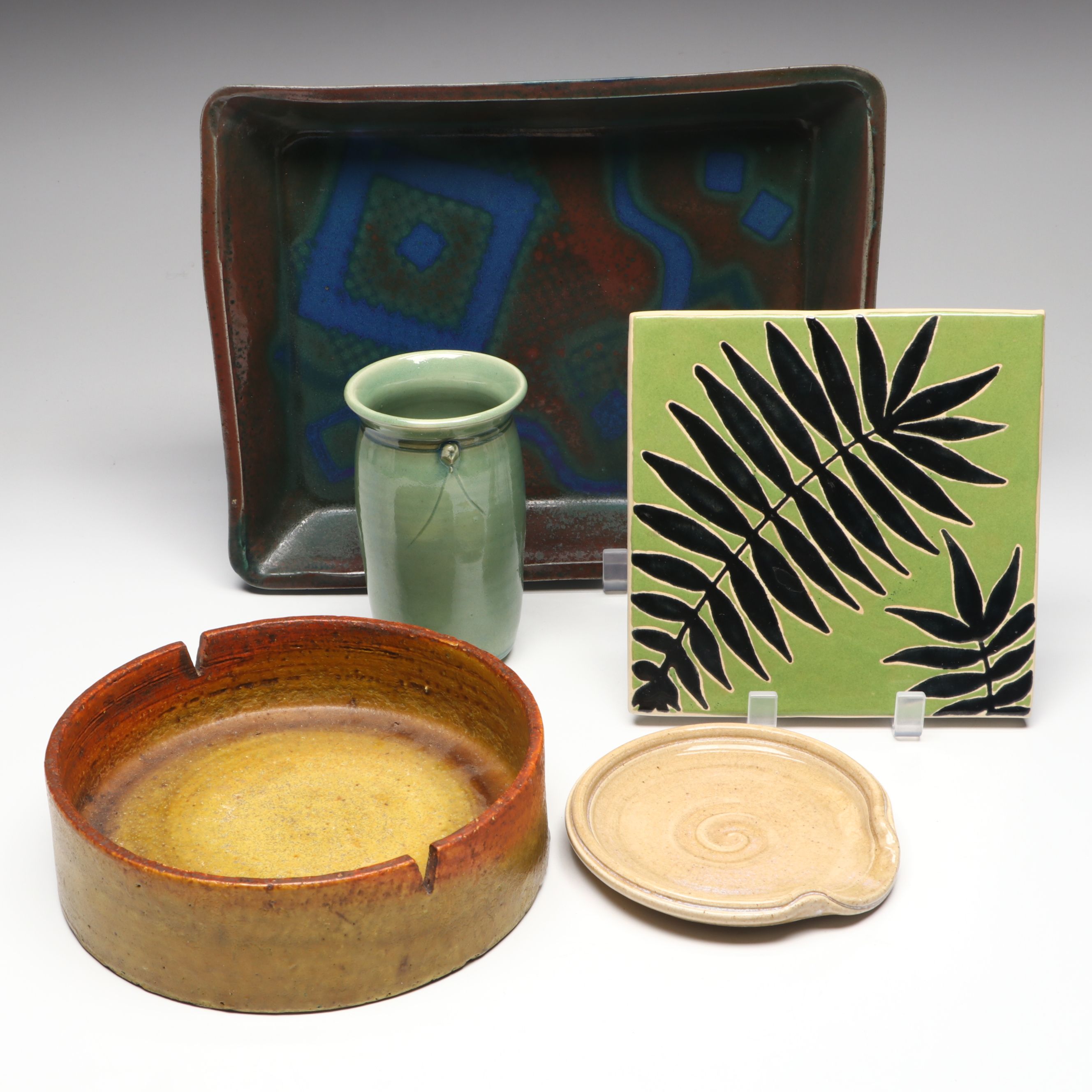 Signed Ceramic Art Pottery Flower Frog Vase, Baker and More Tableware