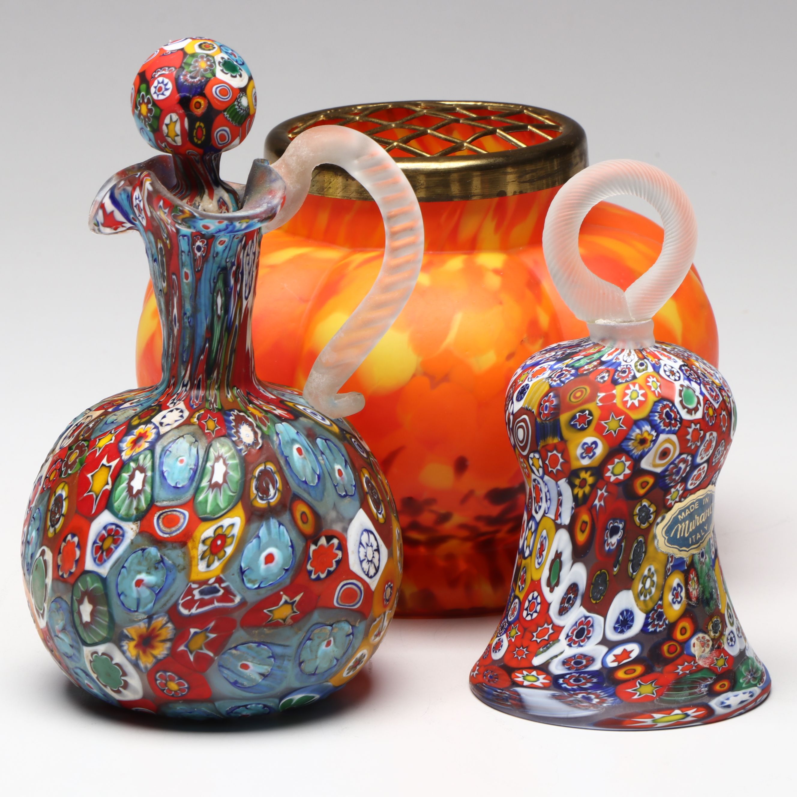 Czech Spatter Glass Flower Frog with Italian Murano "Millefiori" Cruet and Bell