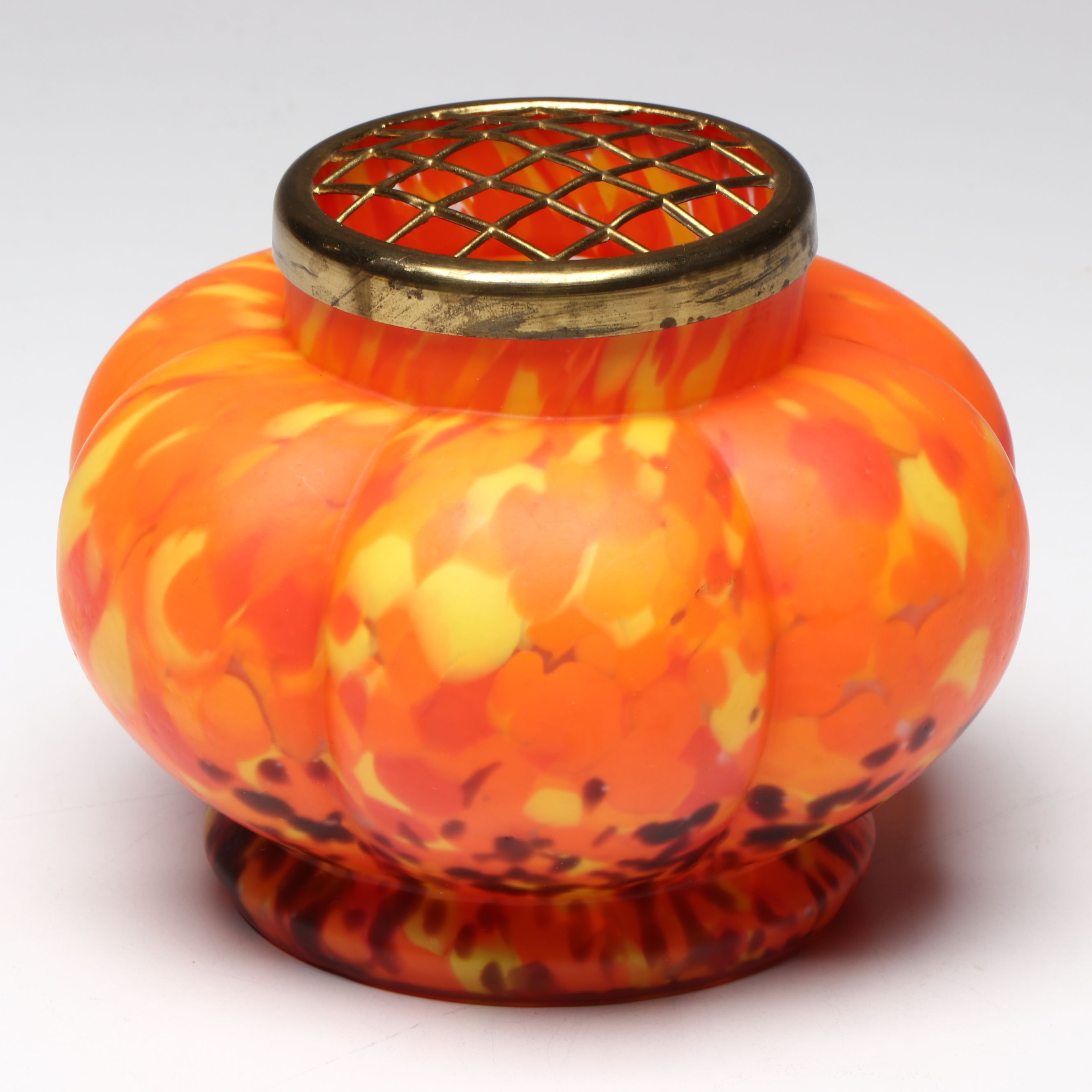 Czech Spatter Glass Flower Frog with Italian Murano "Millefiori" Cruet and Bell