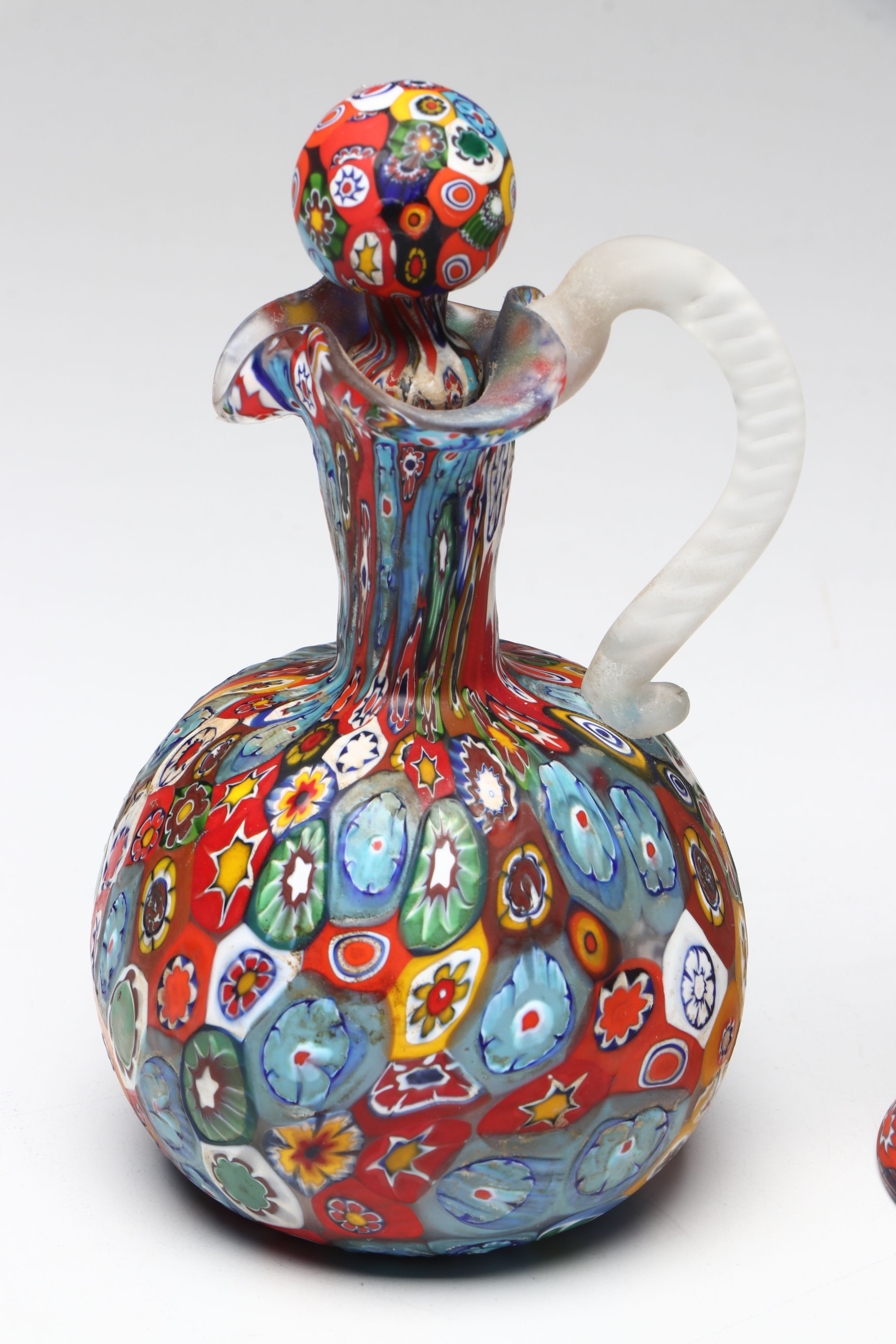 Czech Spatter Glass Flower Frog with Italian Murano "Millefiori" Cruet and Bell