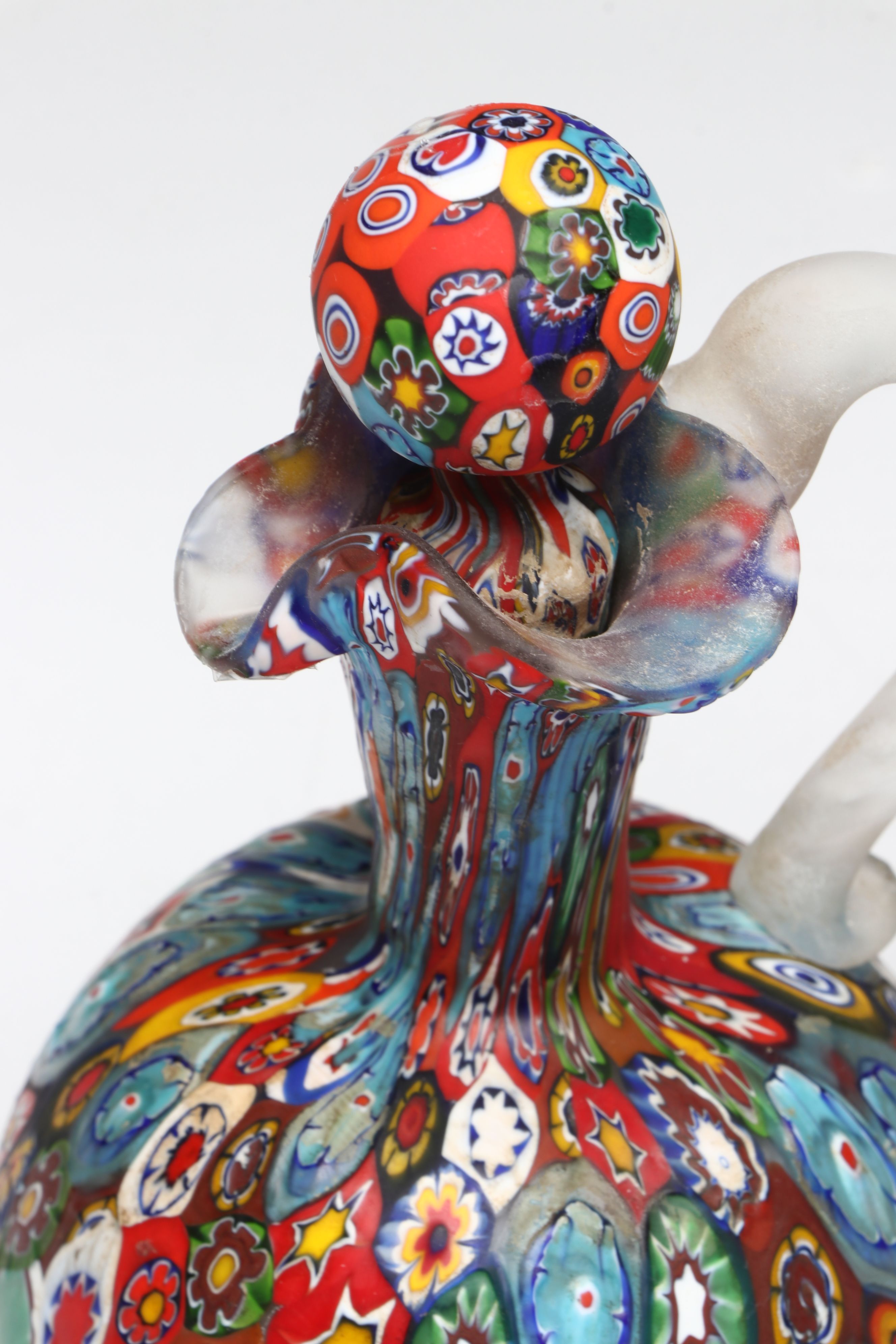 Czech Spatter Glass Flower Frog with Italian Murano "Millefiori" Cruet and Bell