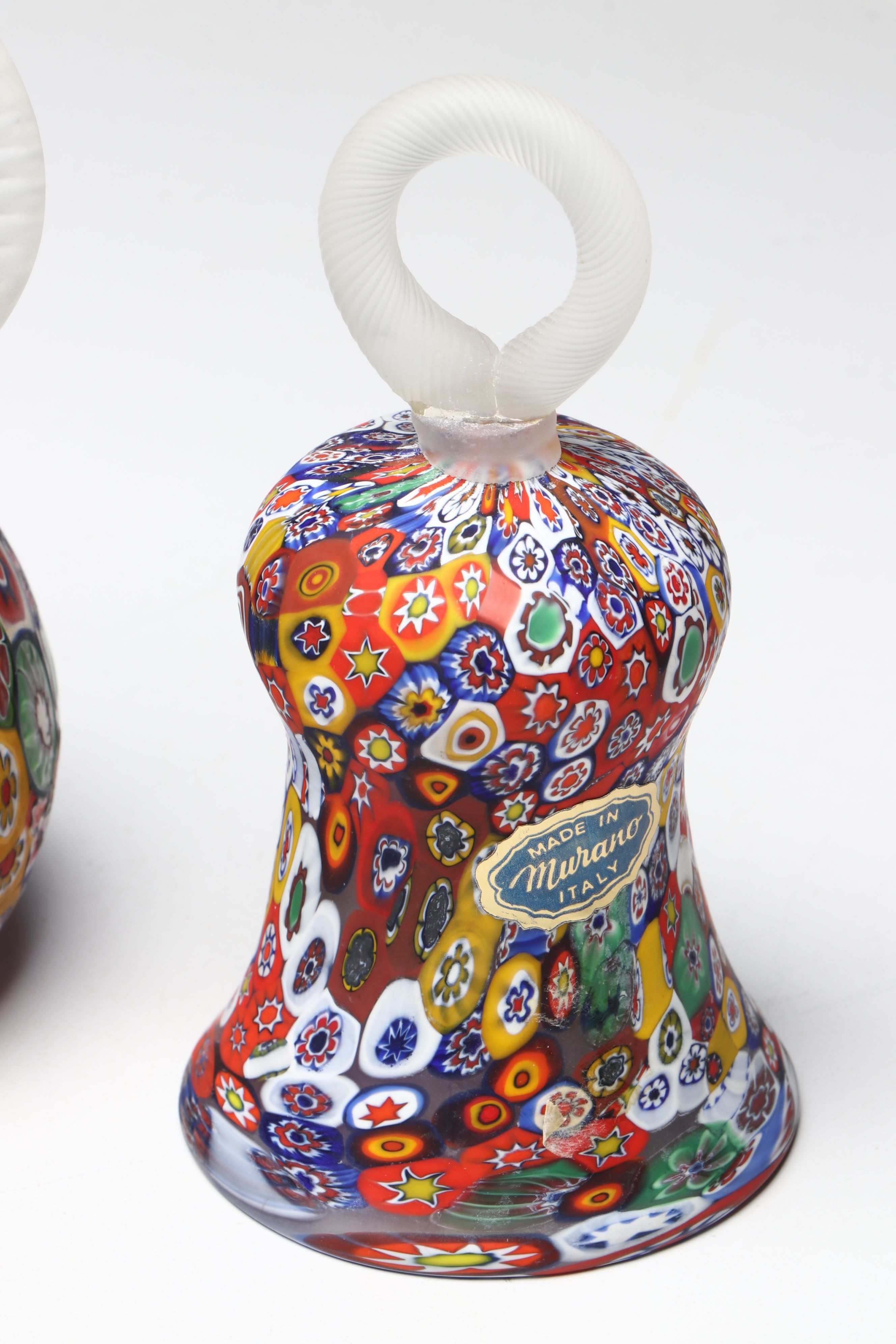 Czech Spatter Glass Flower Frog with Italian Murano "Millefiori" Cruet and Bell
