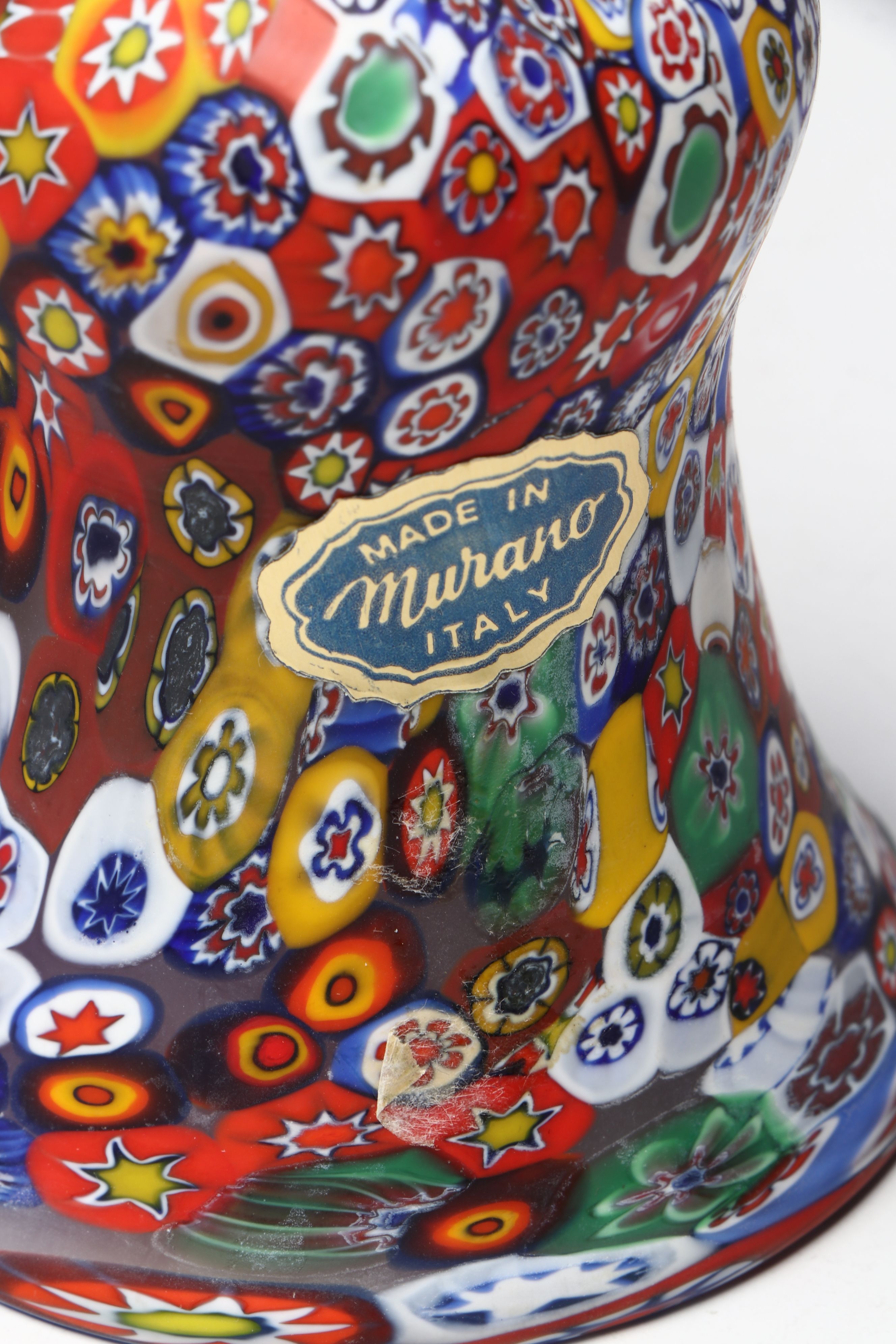 Czech Spatter Glass Flower Frog with Italian Murano "Millefiori" Cruet and Bell