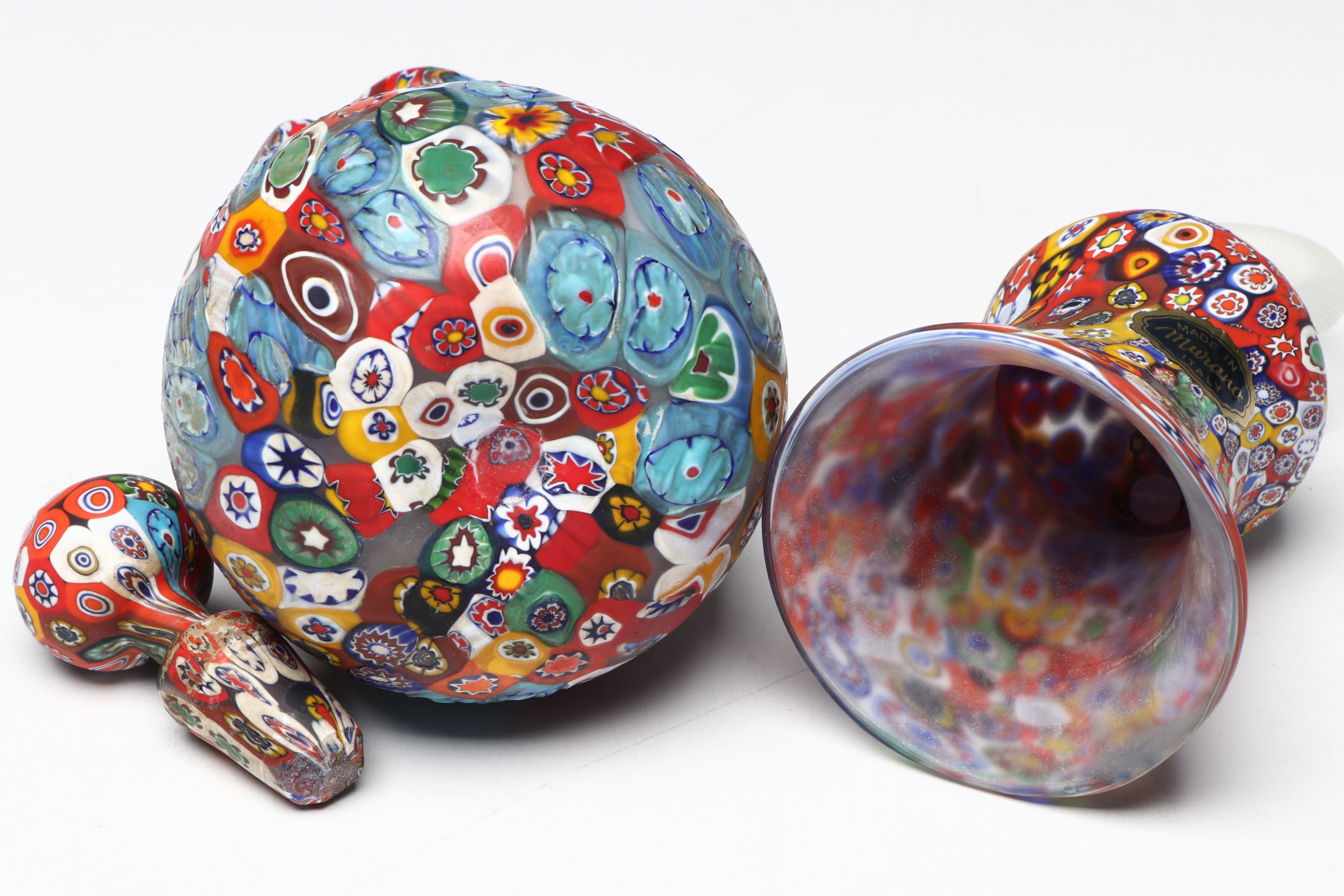 Czech Spatter Glass Flower Frog with Italian Murano "Millefiori" Cruet and Bell