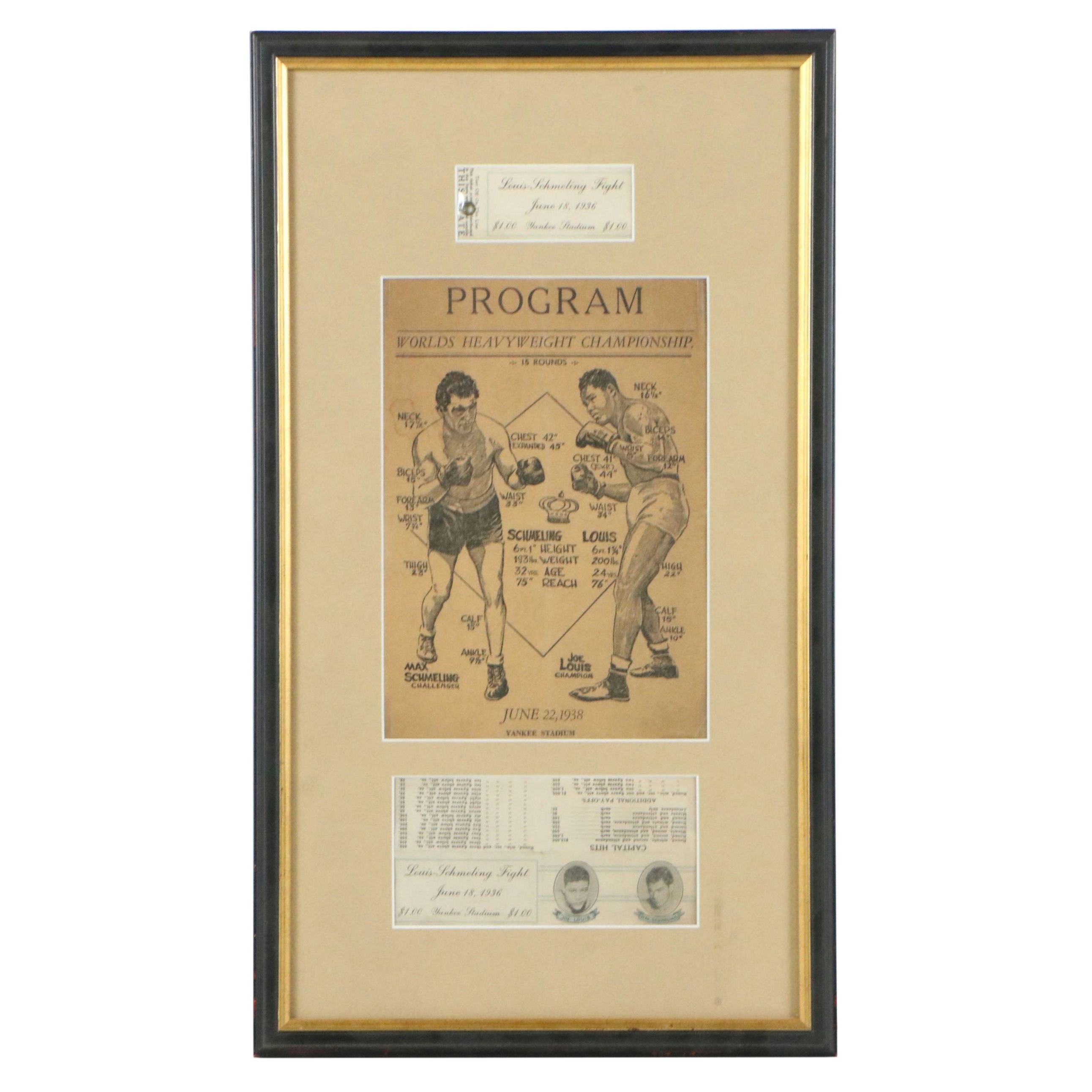 1936-1938 Joe Louis vs. Max Schmeling Boxing Match Program, Ticket and Card