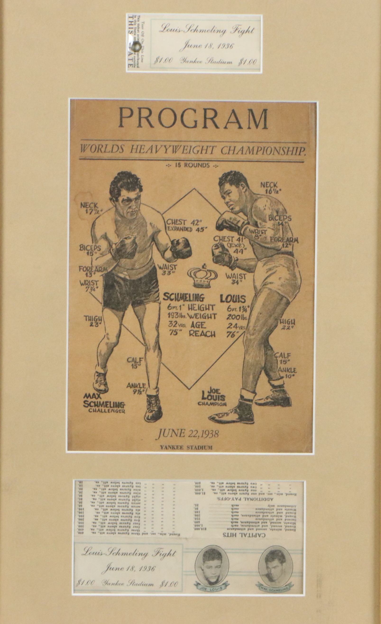 1936-1938 Joe Louis vs. Max Schmeling Boxing Match Program, Ticket and Card