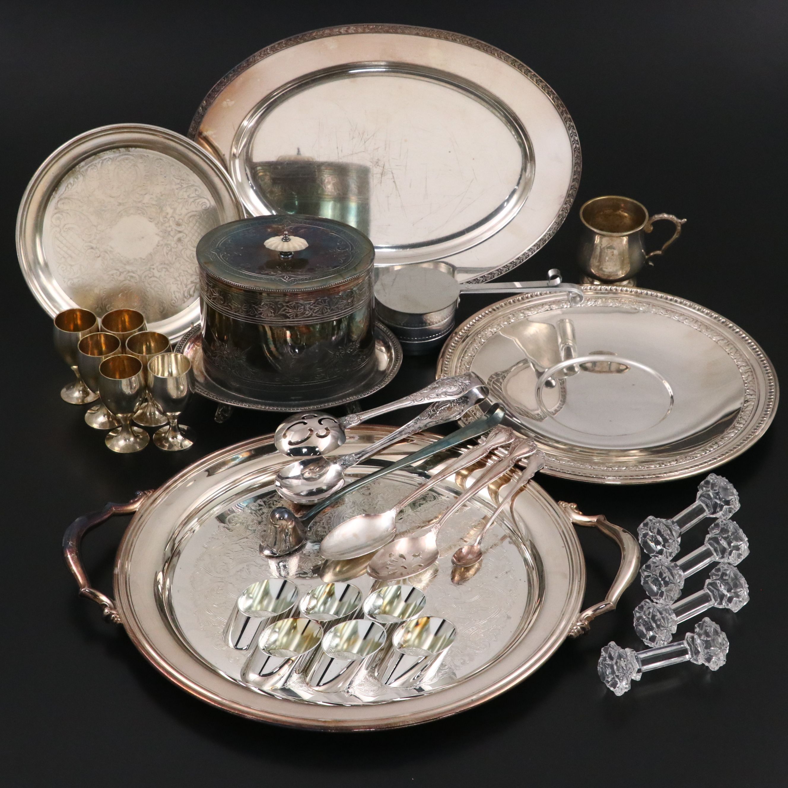 Oneida Victorian Style Silver Plate Tray with Other Metal and Glass Tableware