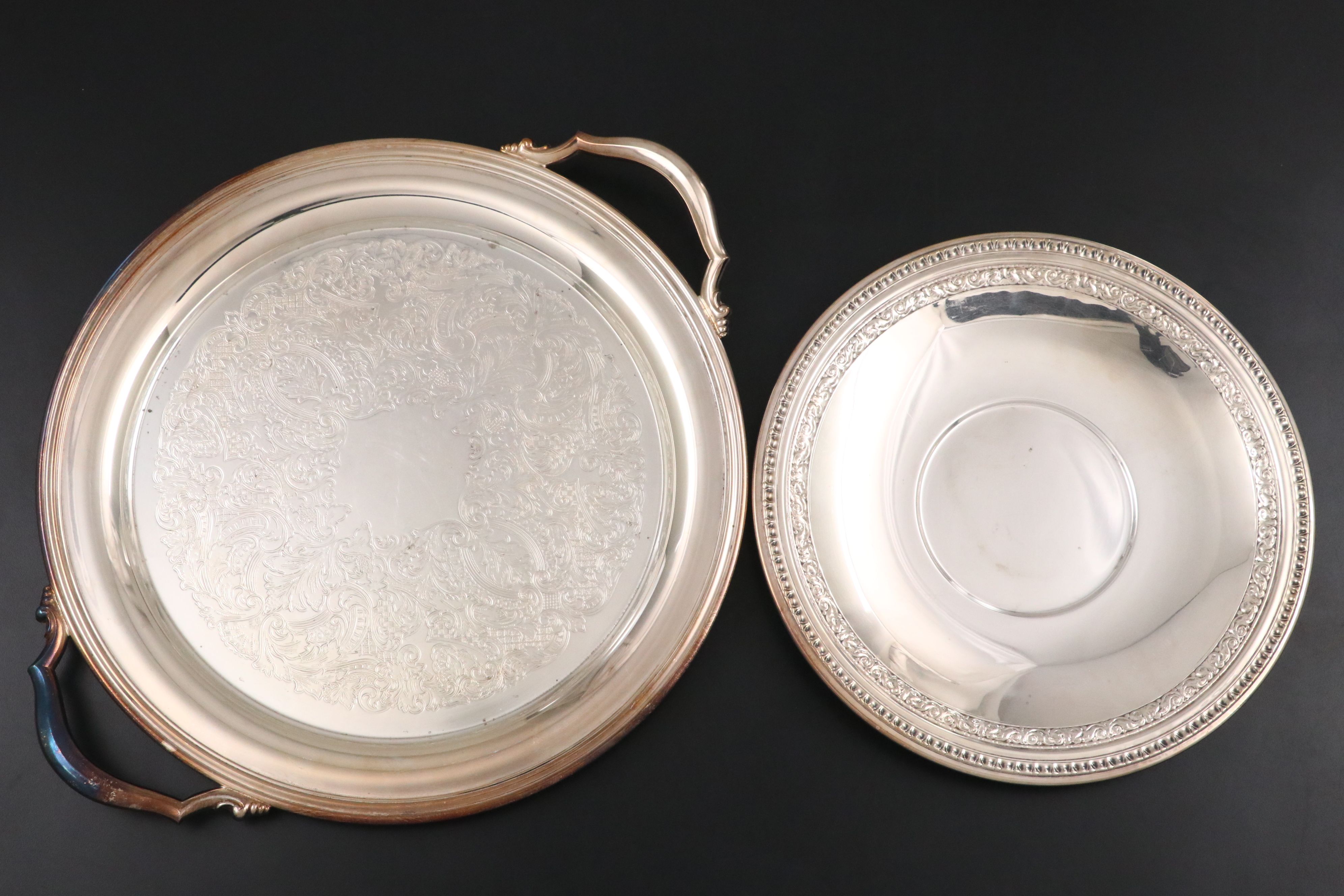 Oneida Victorian Style Silver Plate Tray with Other Metal and Glass Tableware