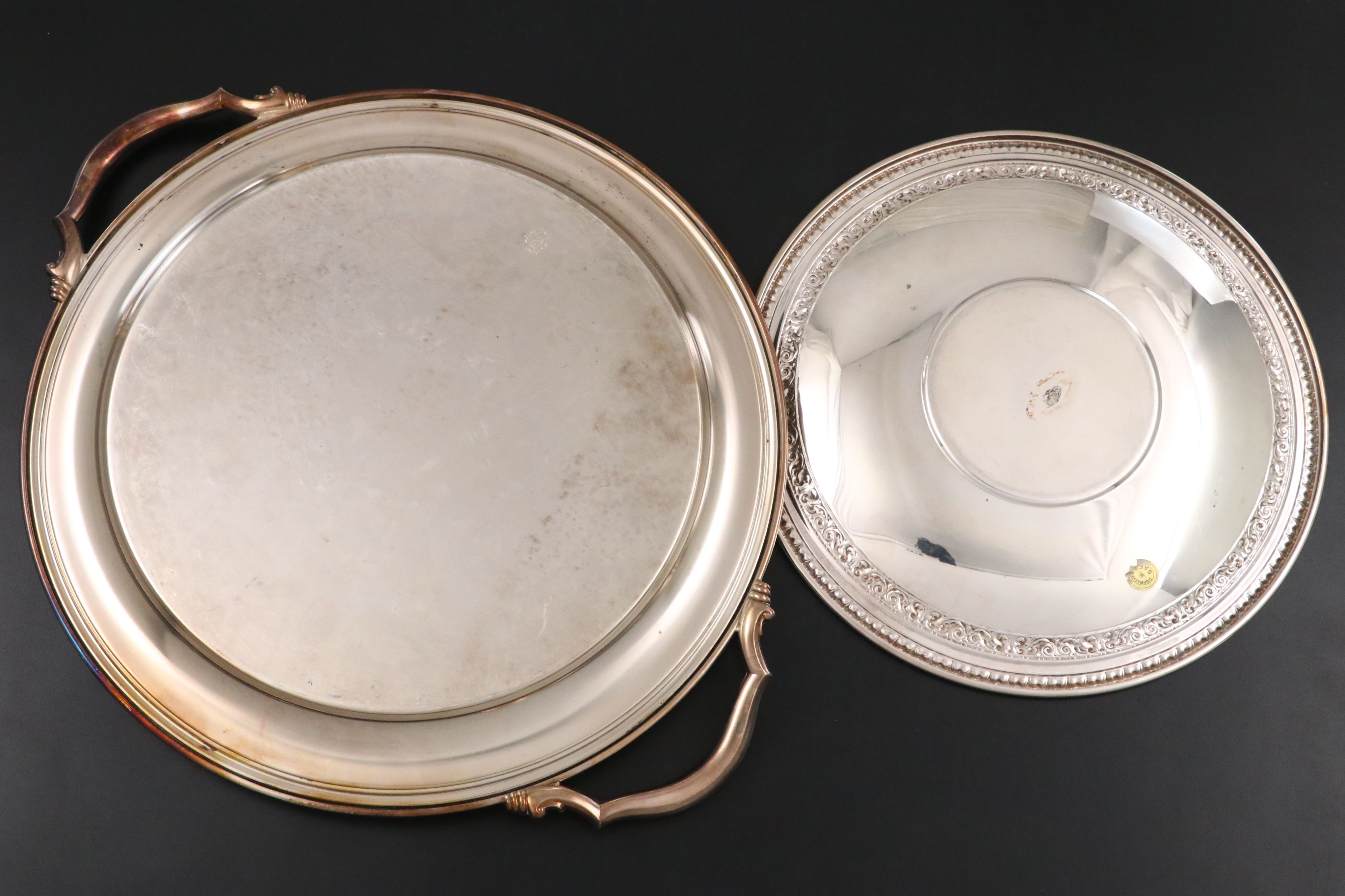 Oneida Victorian Style Silver Plate Tray with Other Metal and Glass Tableware