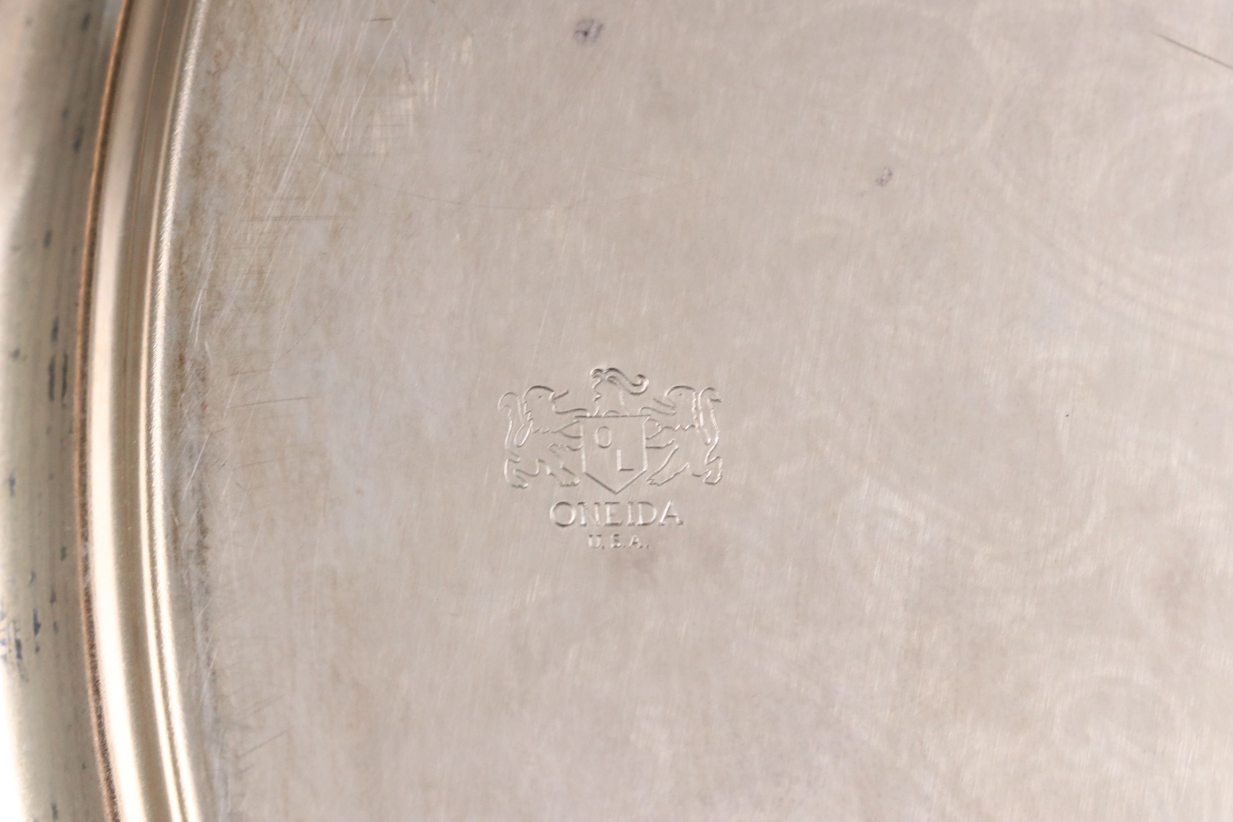 Oneida Victorian Style Silver Plate Tray with Other Metal and Glass Tableware