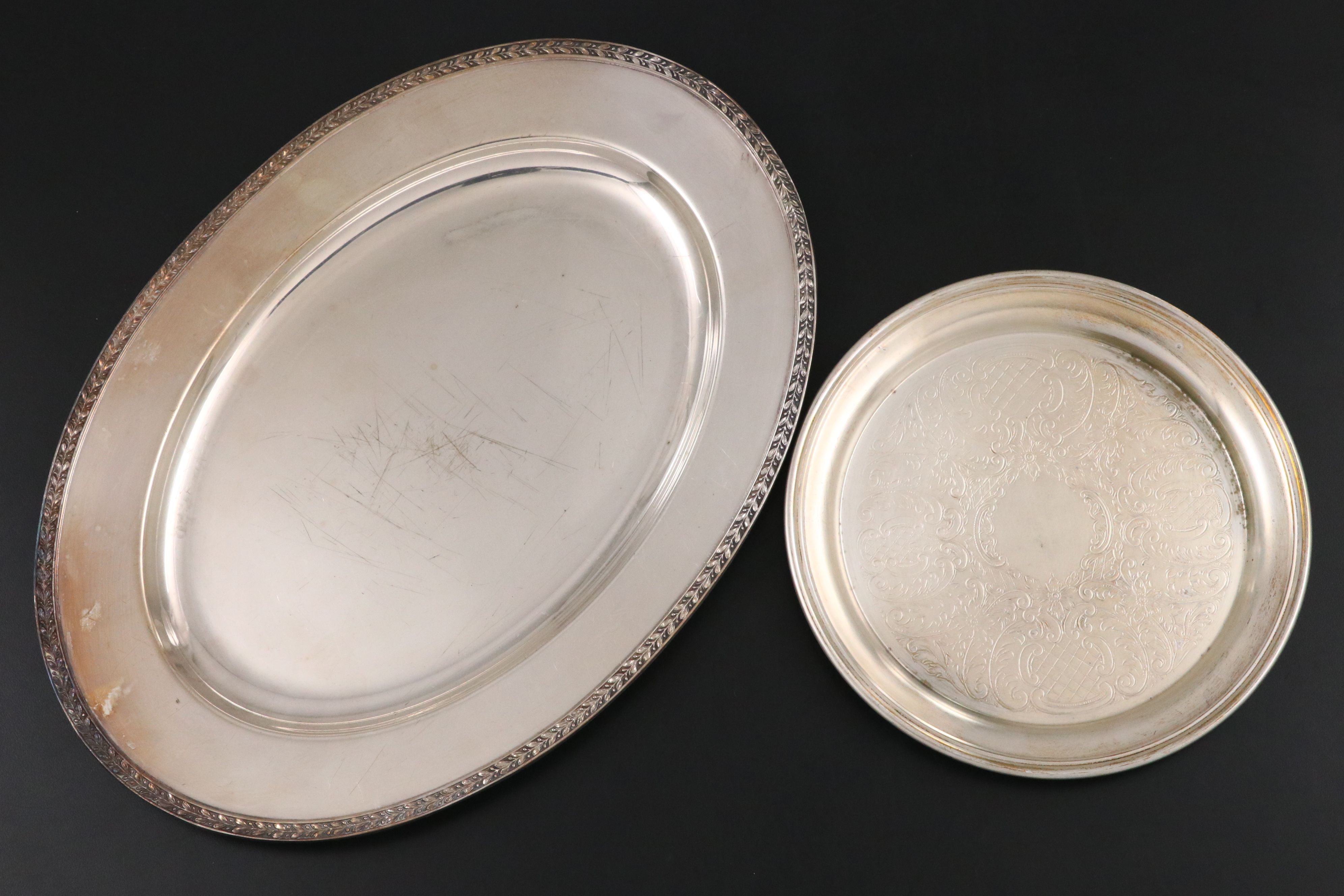 Oneida Victorian Style Silver Plate Tray with Other Metal and Glass Tableware