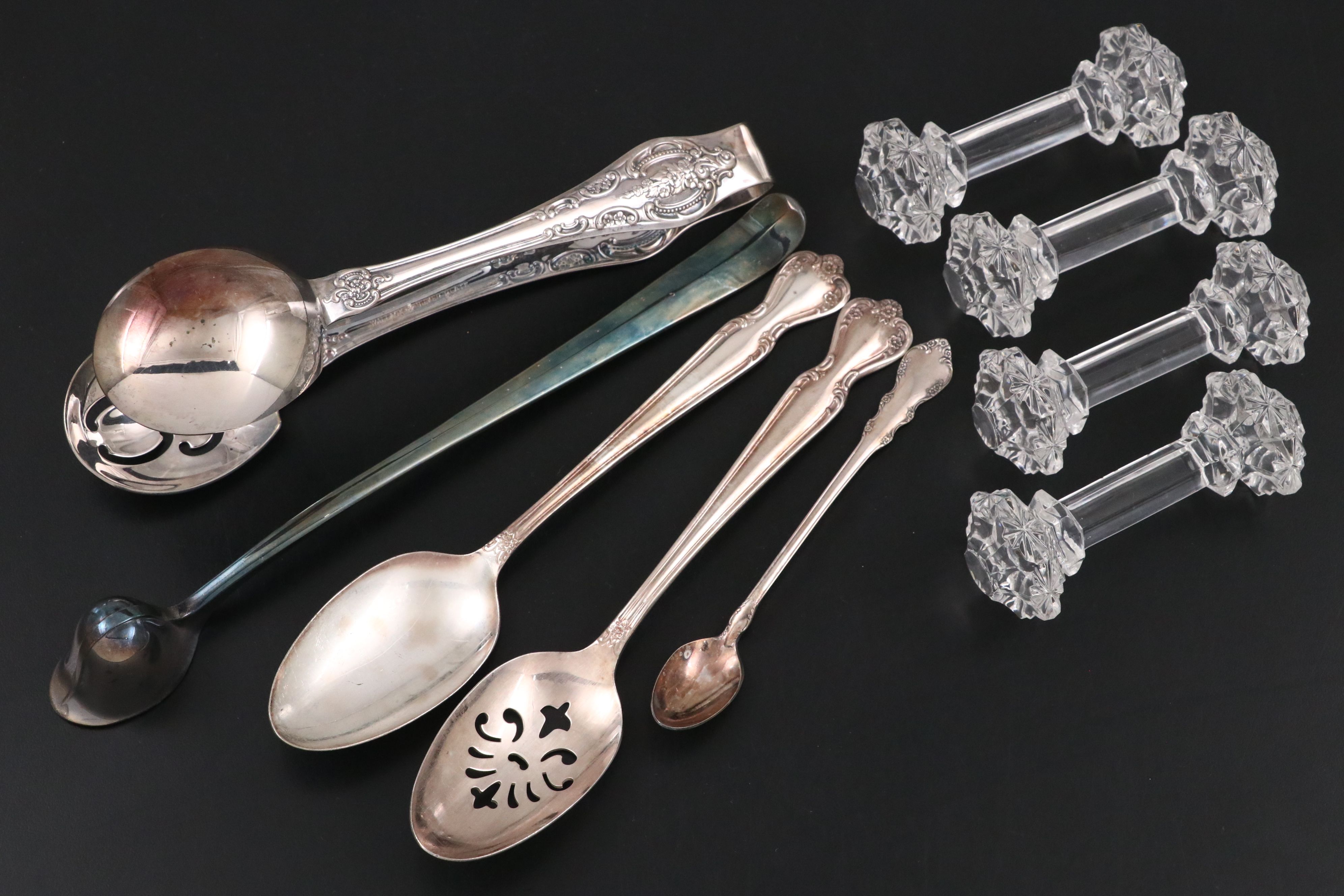 Oneida Victorian Style Silver Plate Tray with Other Metal and Glass Tableware