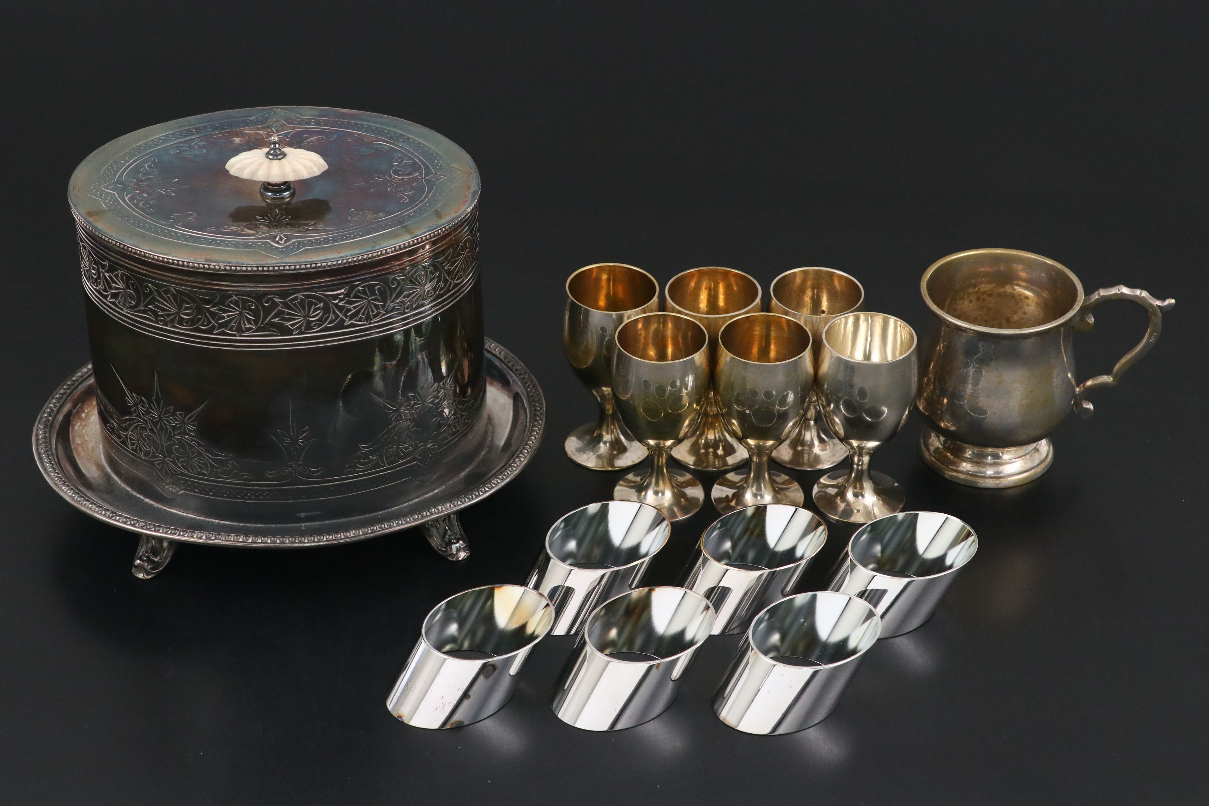 Oneida Victorian Style Silver Plate Tray with Other Metal and Glass Tableware