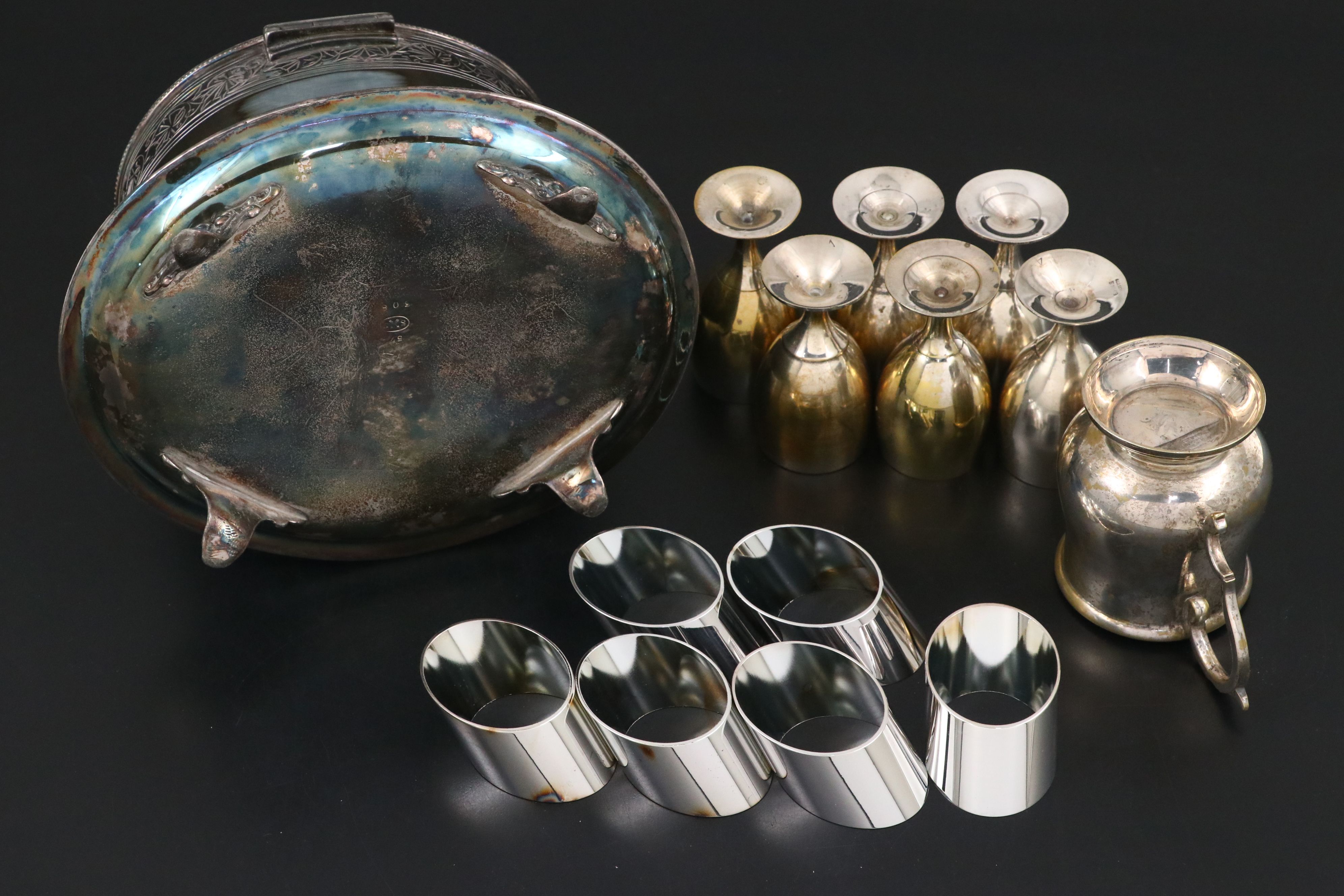 Oneida Victorian Style Silver Plate Tray with Other Metal and Glass Tableware