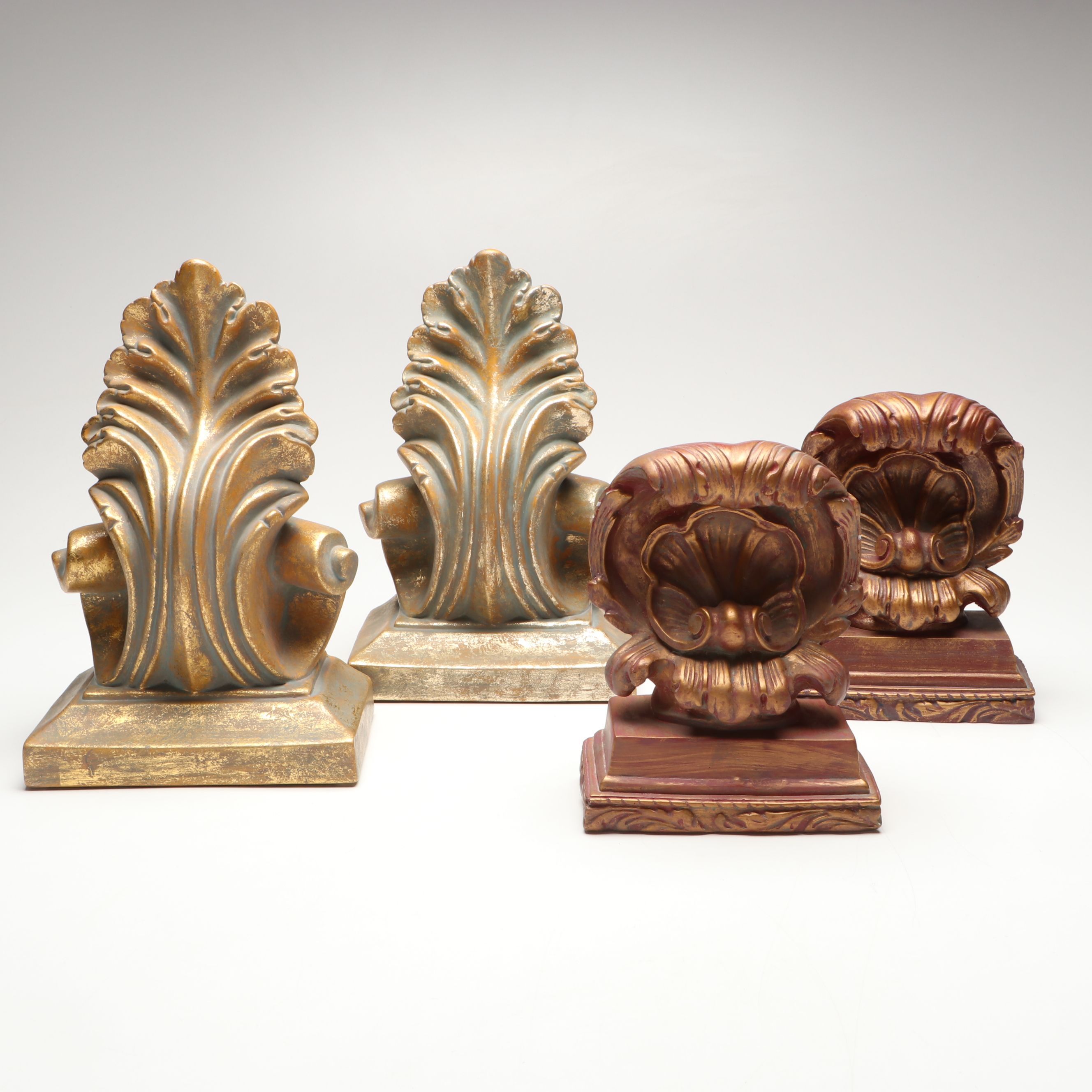 Baroque Style Metallic Finish Bookends and Ceramic Acanthus Leaf Wall Shelves
