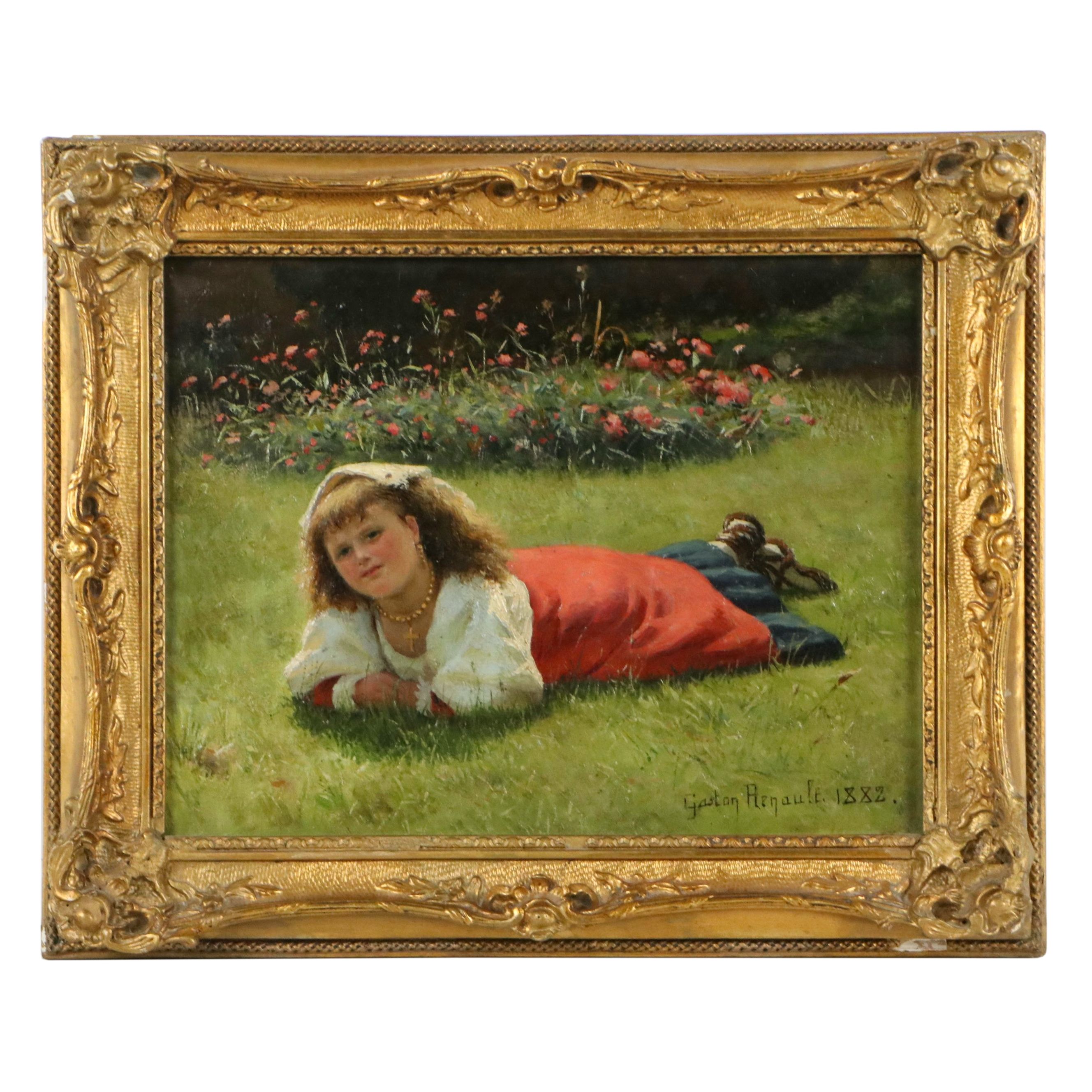 Gaston Renault Oil Painting of Girl Laying on Grass, 1882