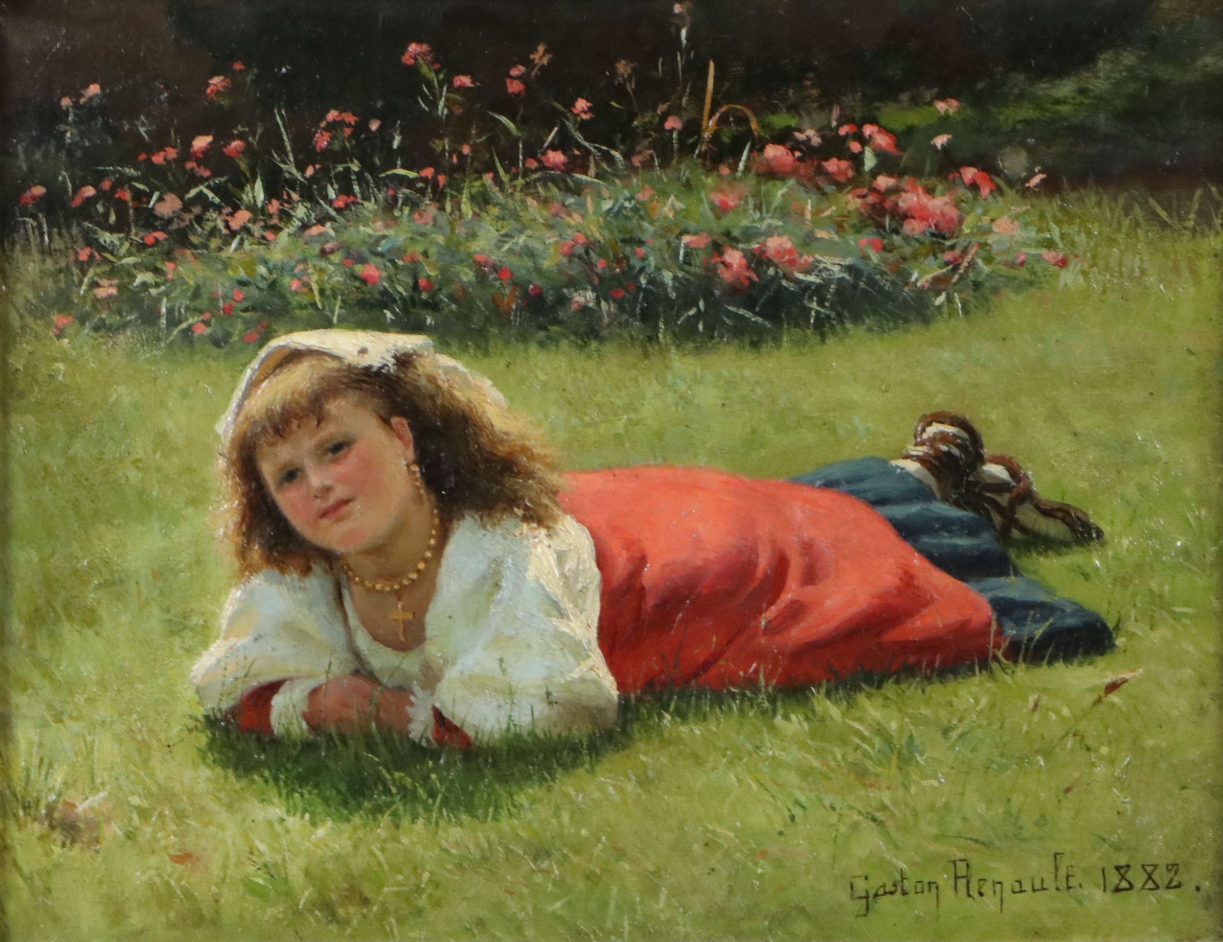 Gaston Renault Oil Painting of Girl Laying on Grass, 1882