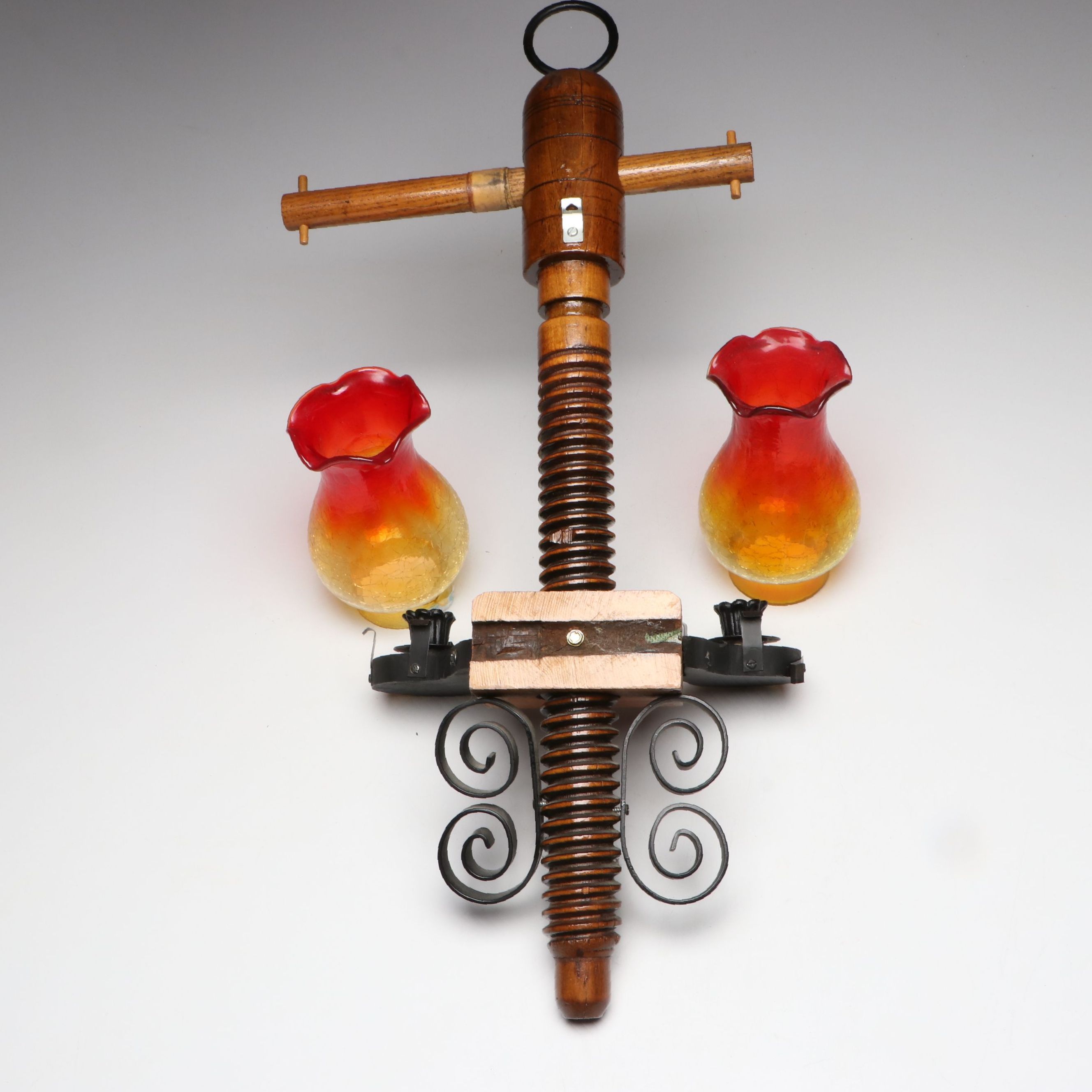 Wall Hanging Double Candlestick with Amberina Crackle Glass Shades