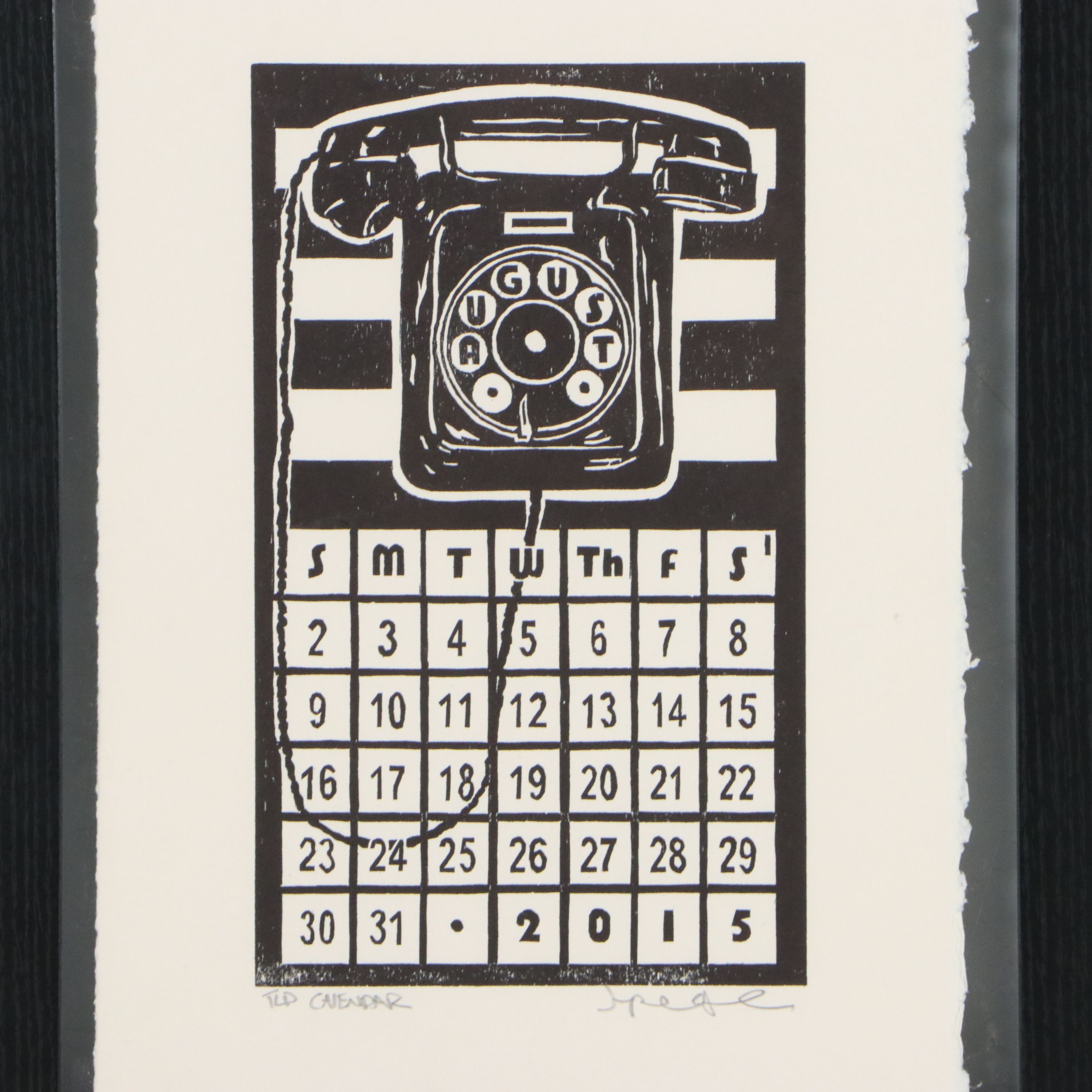 Calendar Linocut with Telephone Motif, August 2015
