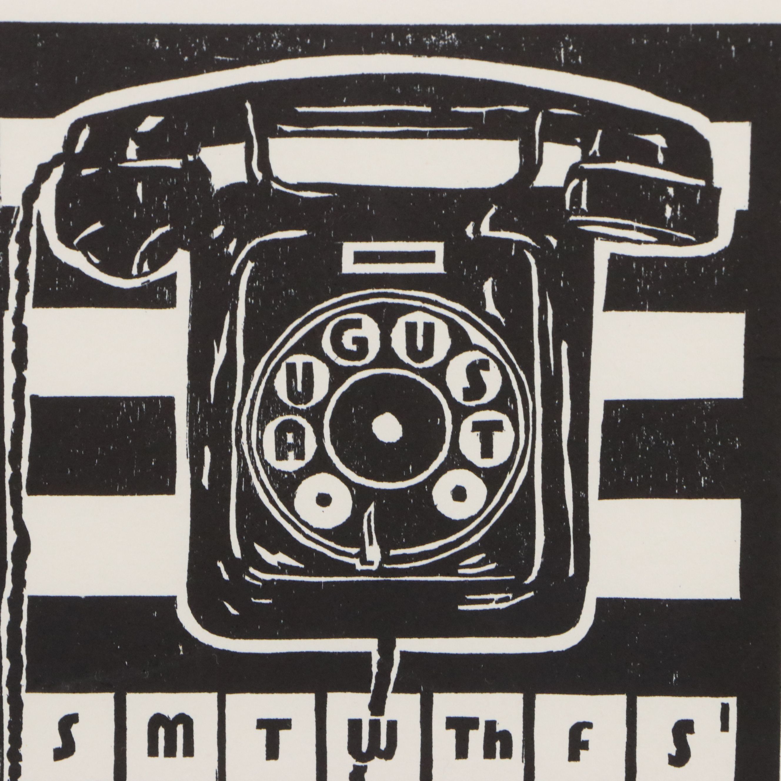 Calendar Linocut with Telephone Motif, August 2015