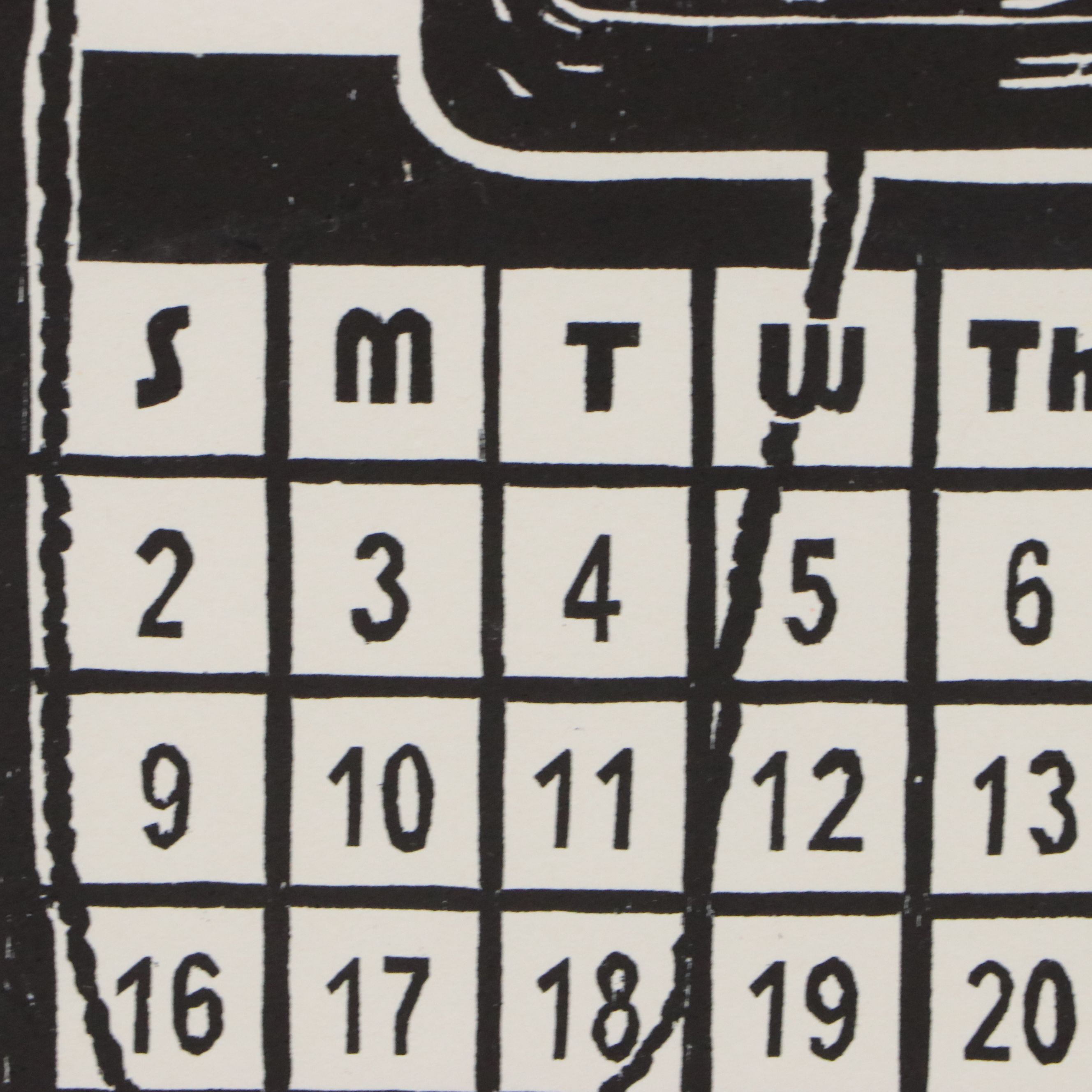 Calendar Linocut with Telephone Motif, August 2015