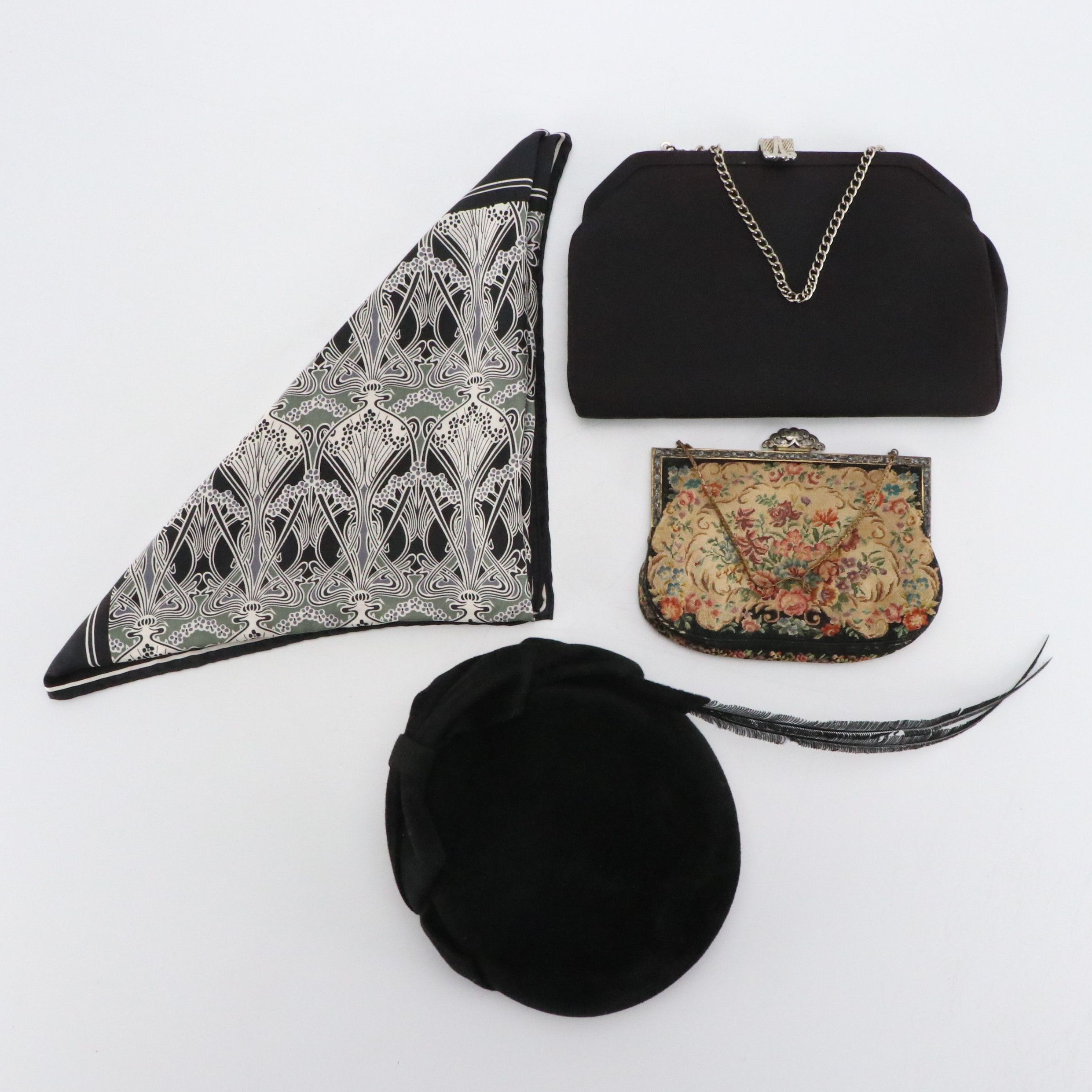 Liberty Silk Scarf with Other Evening Bags and Velour Juliet Cap