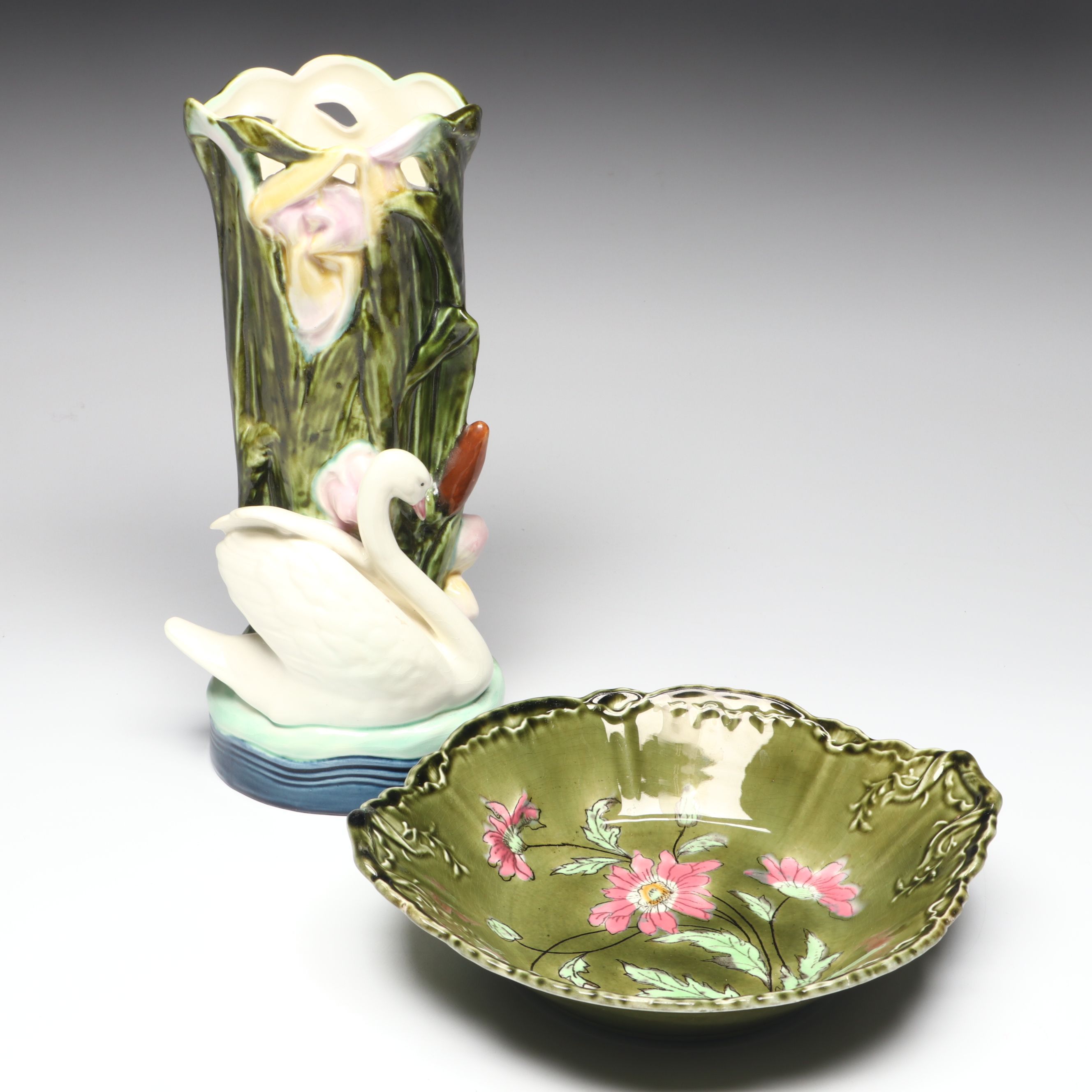 Royal Dux Ceramic Swan Vase with German Floral Ceramic Bowl