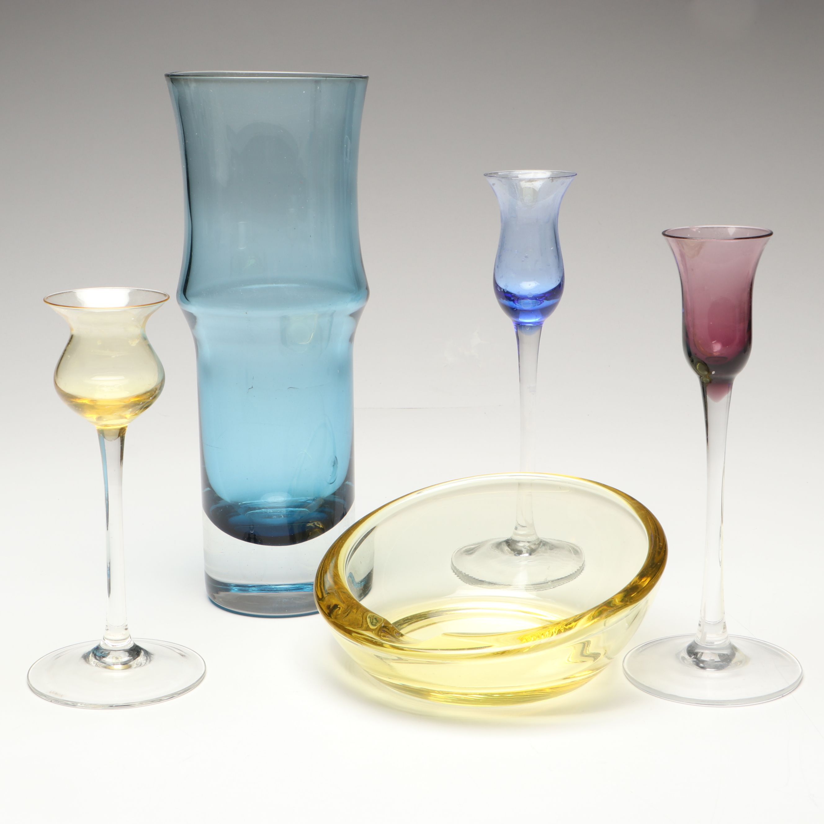 Lenox "Gems," Blue Bamboo Form Crystal Vase and Viking Art Glass Ashtray