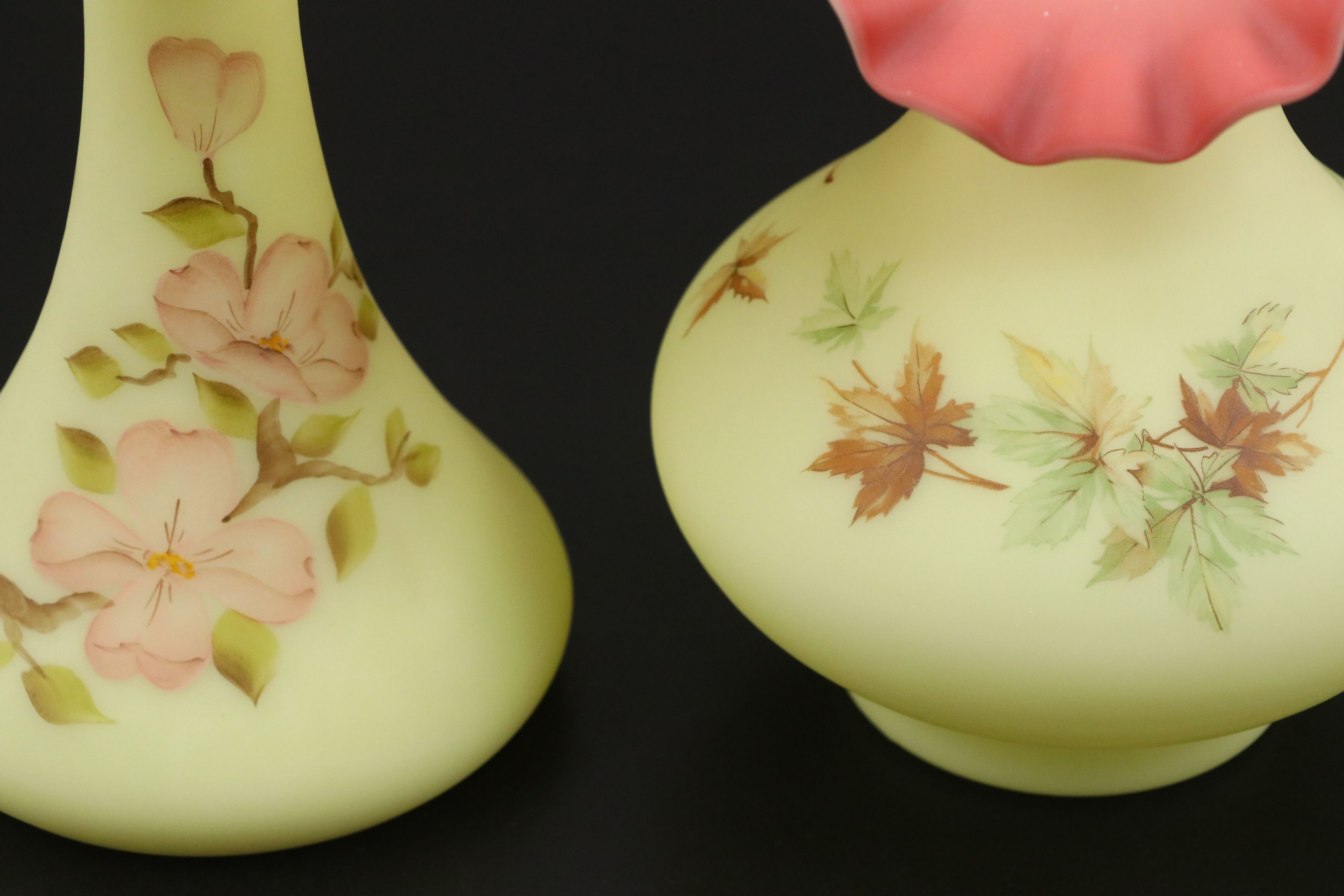 Fenton Burmese Glass Floral Hand-Painted Vases, Basket and Creamer