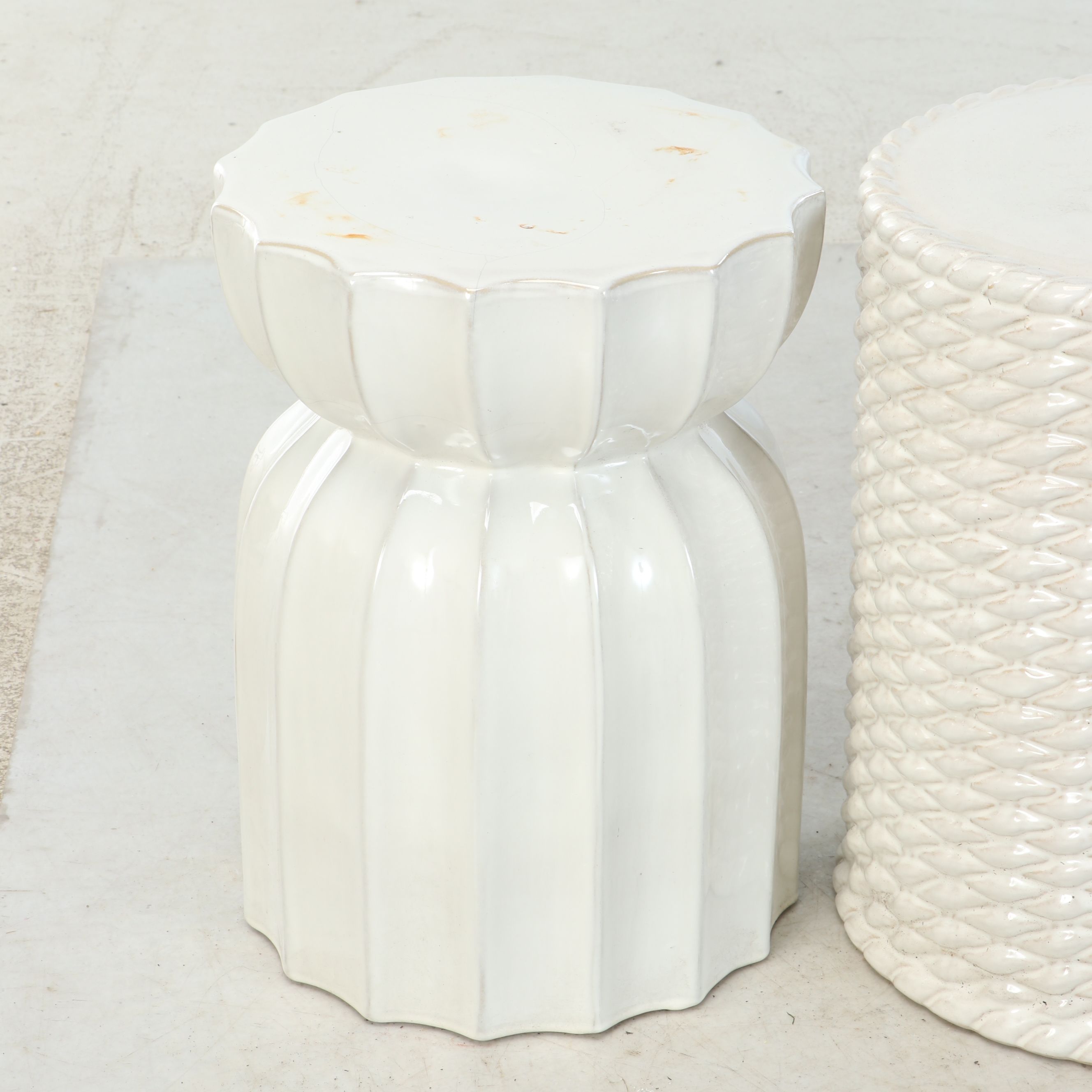 White Ceramic Woven and Ridged Garden Stools