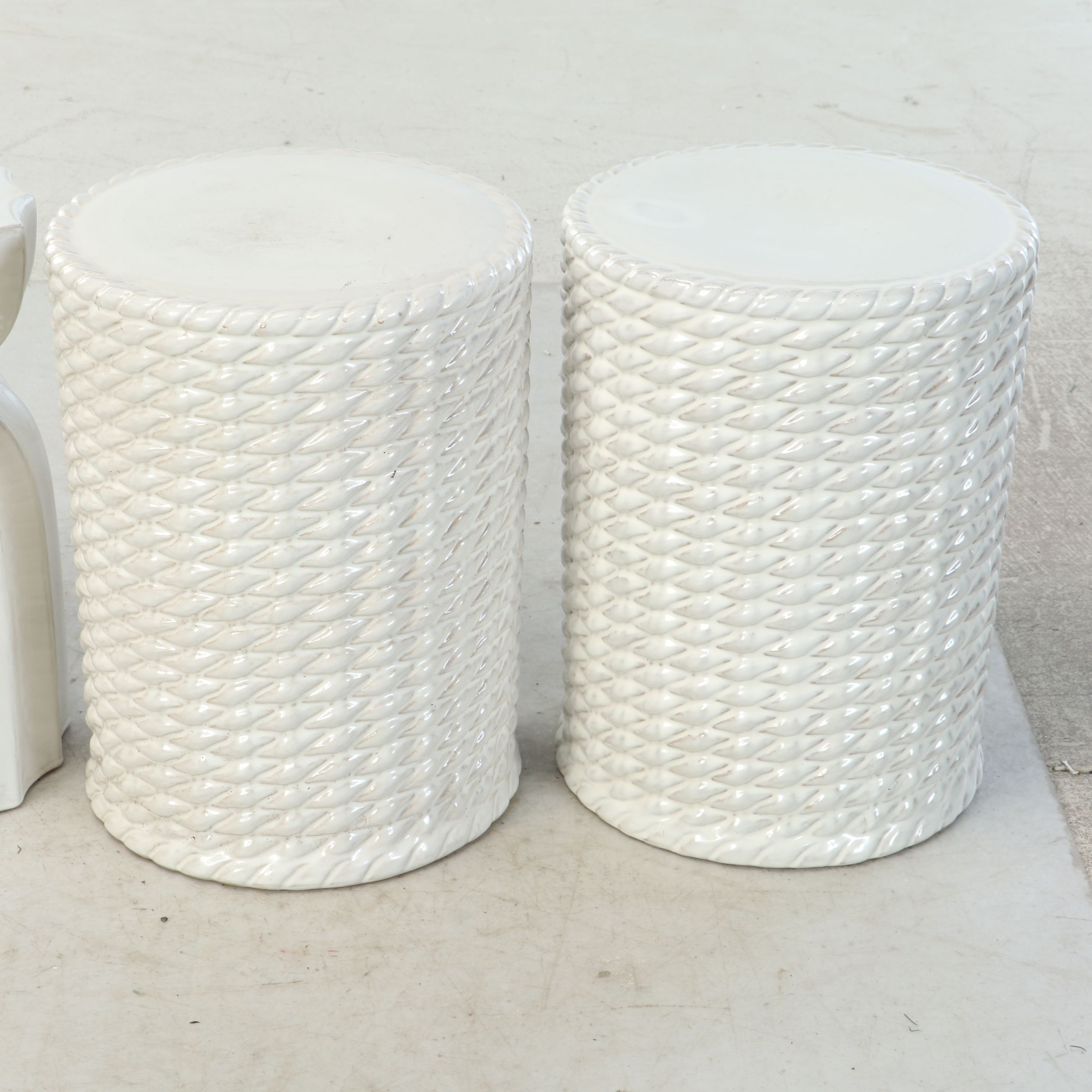 White Ceramic Woven and Ridged Garden Stools