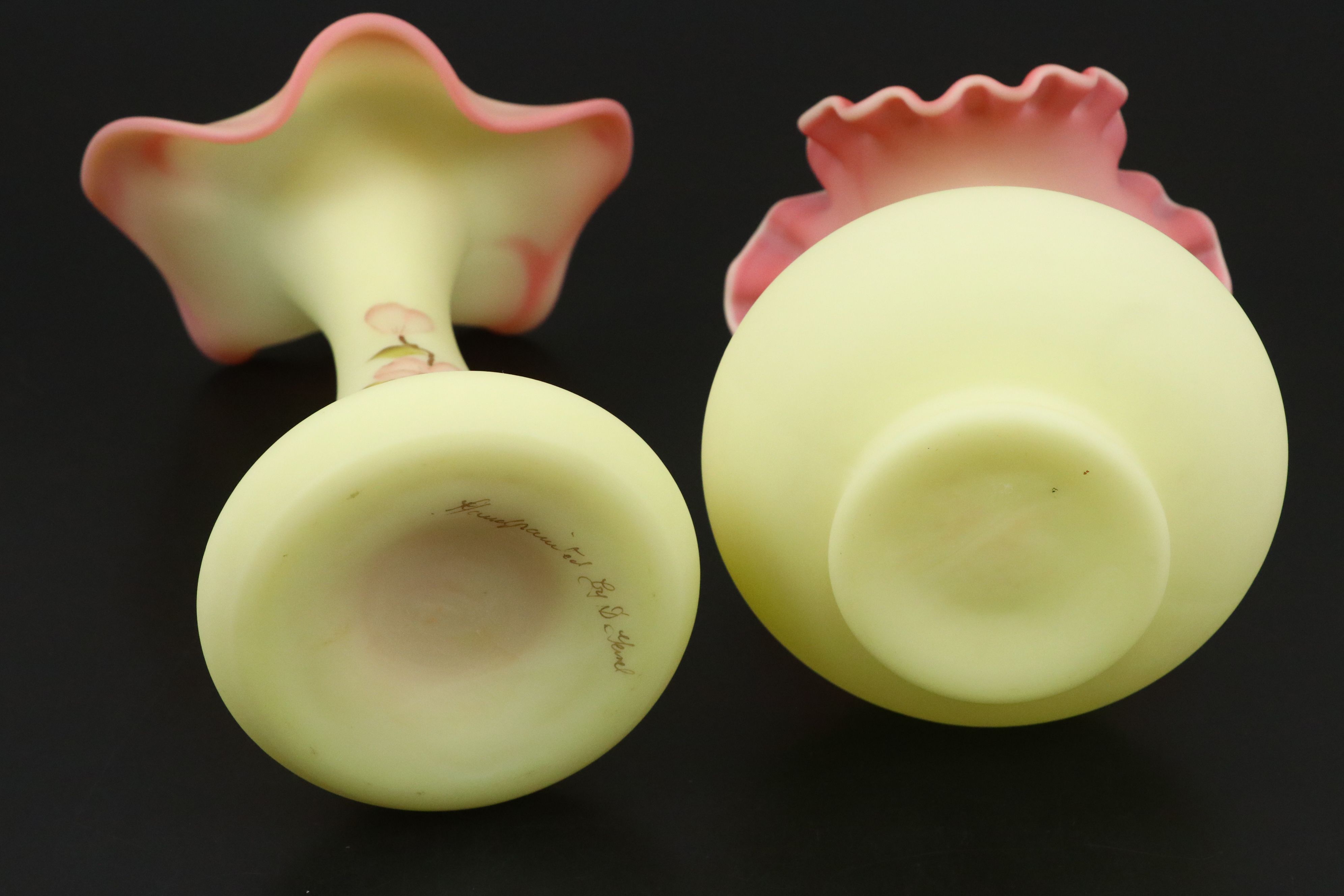 Fenton Burmese Glass Floral Hand-Painted Vases, Basket and Creamer