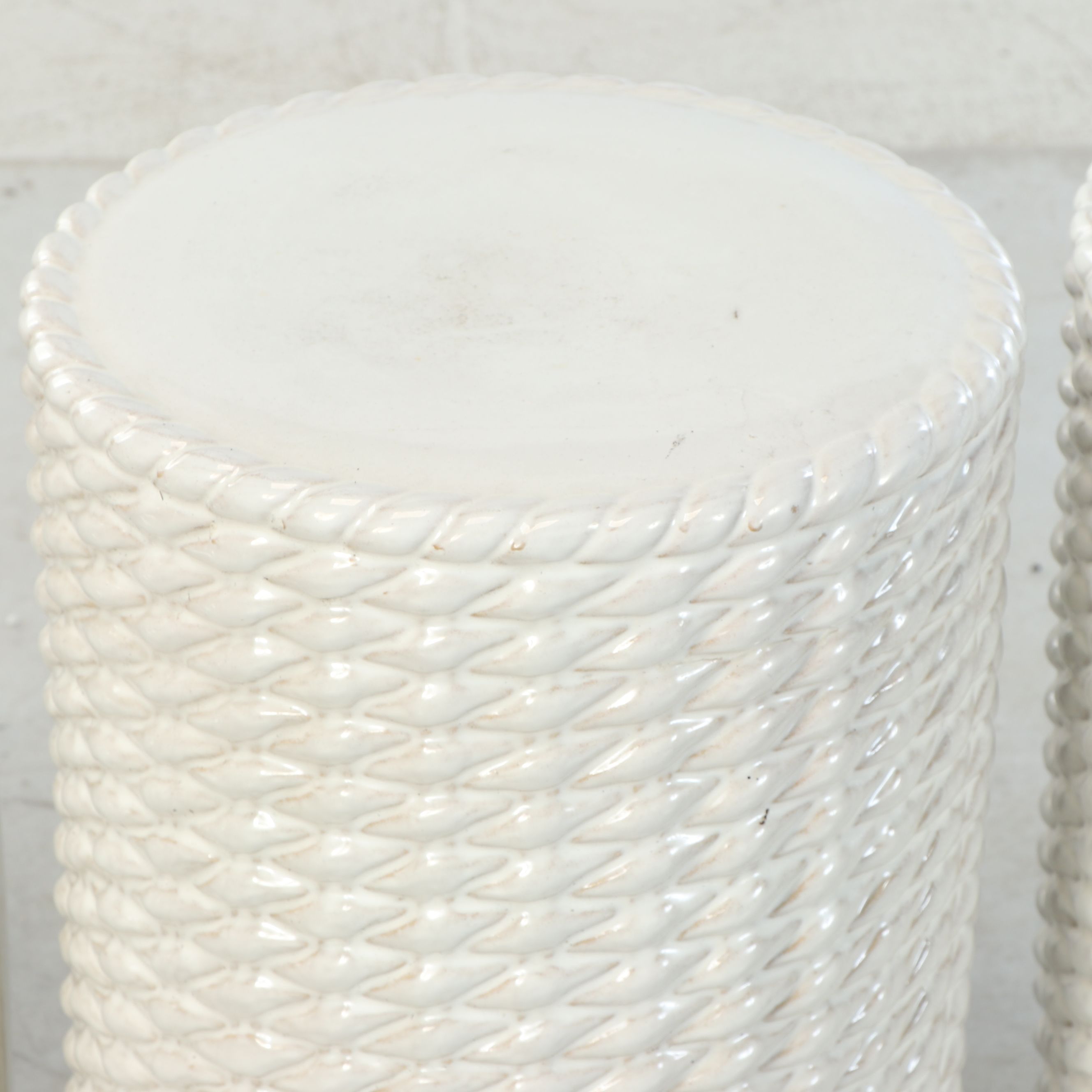 White Ceramic Woven and Ridged Garden Stools