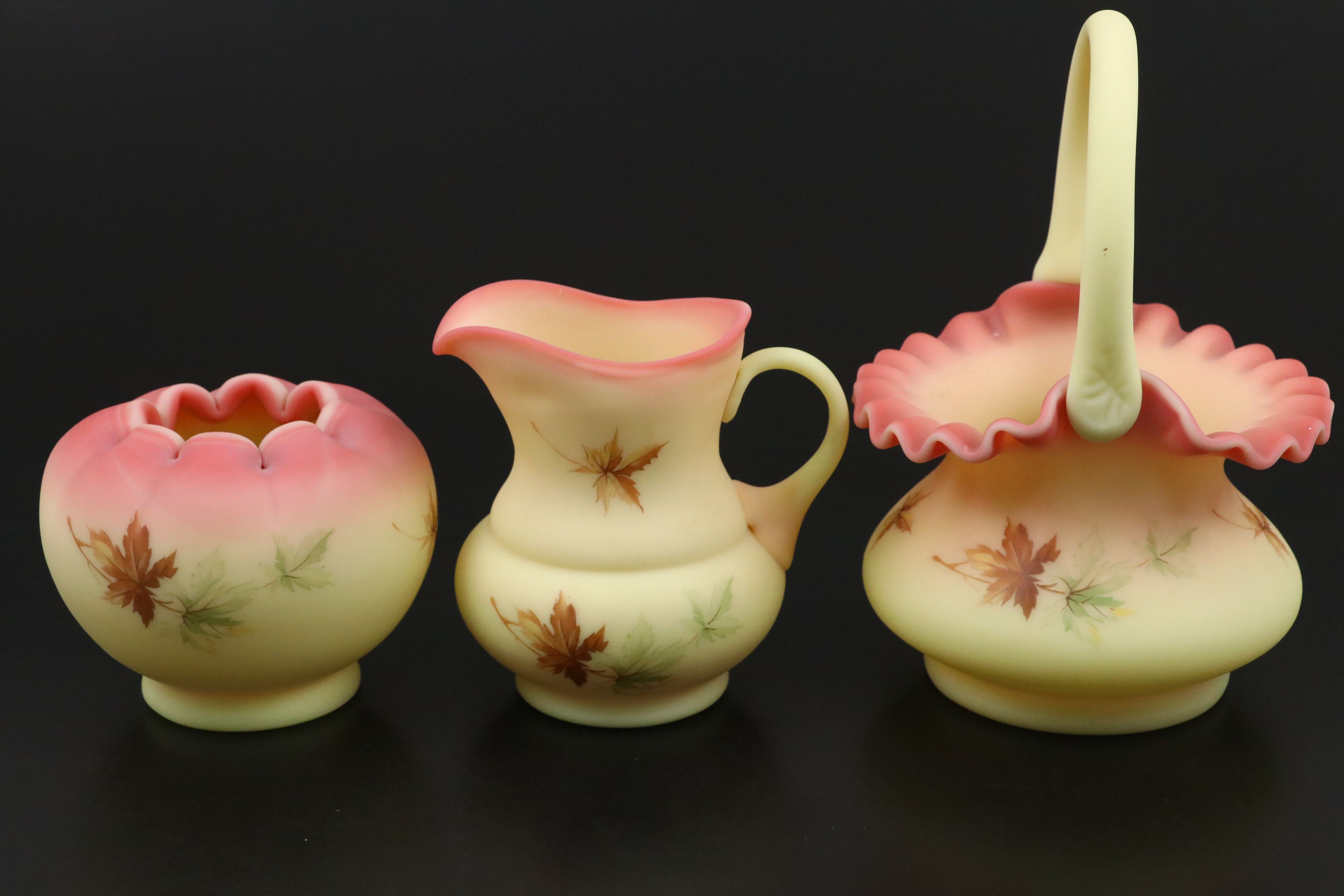 Fenton Burmese Glass Floral Hand-Painted Vases, Basket and Creamer