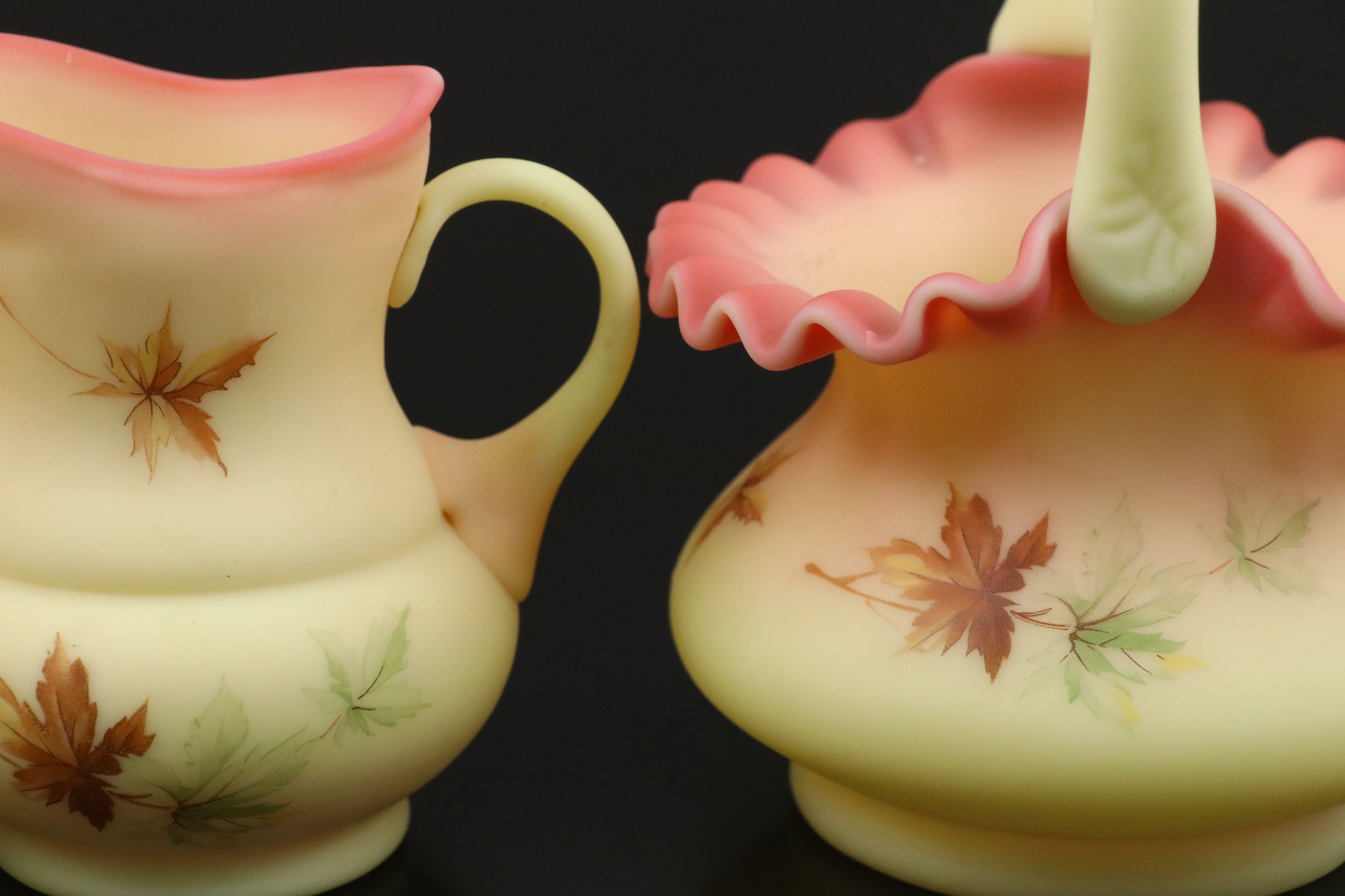 Fenton Burmese Glass Floral Hand-Painted Vases, Basket and Creamer