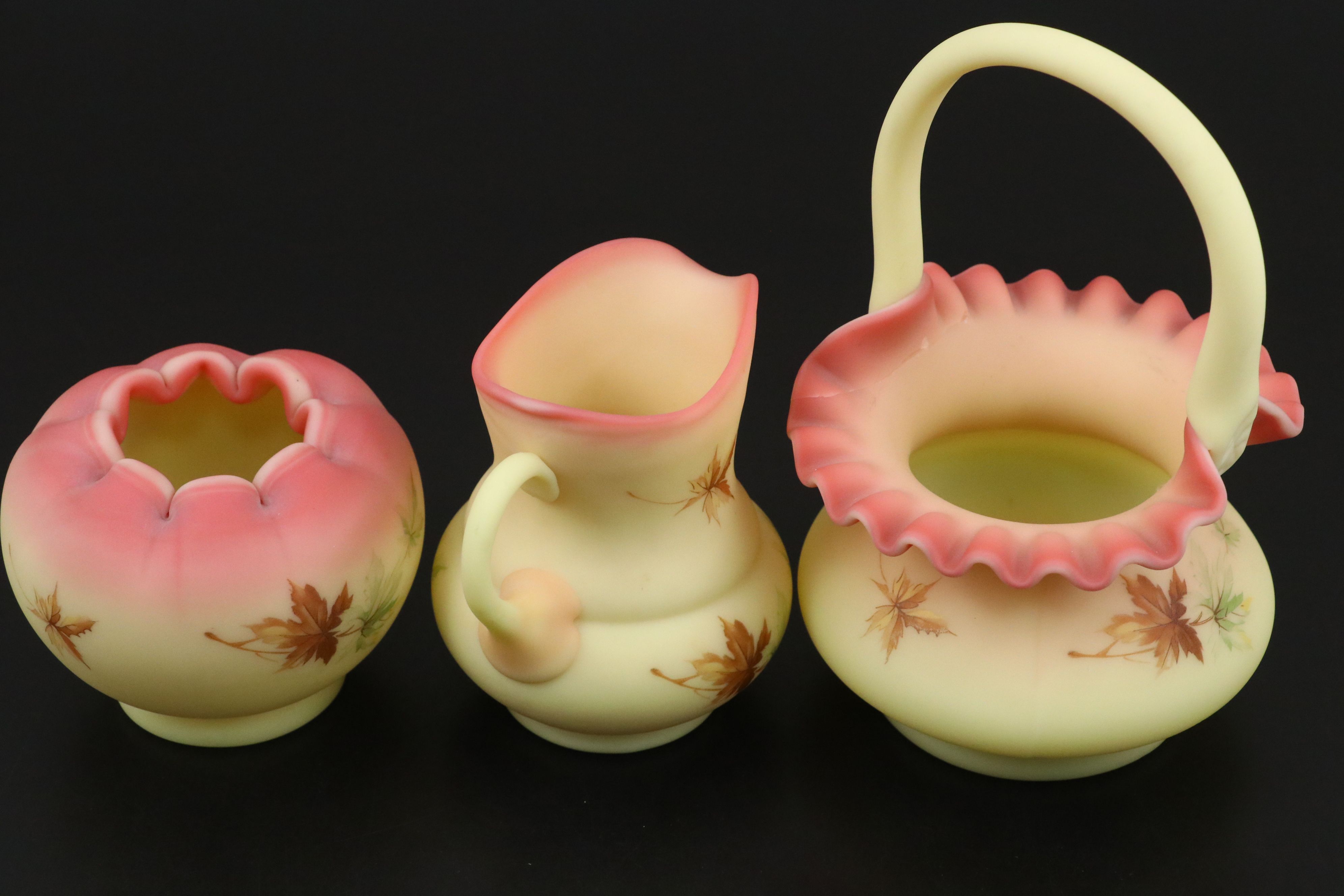 Fenton Burmese Glass Floral Hand-Painted Vases, Basket and Creamer