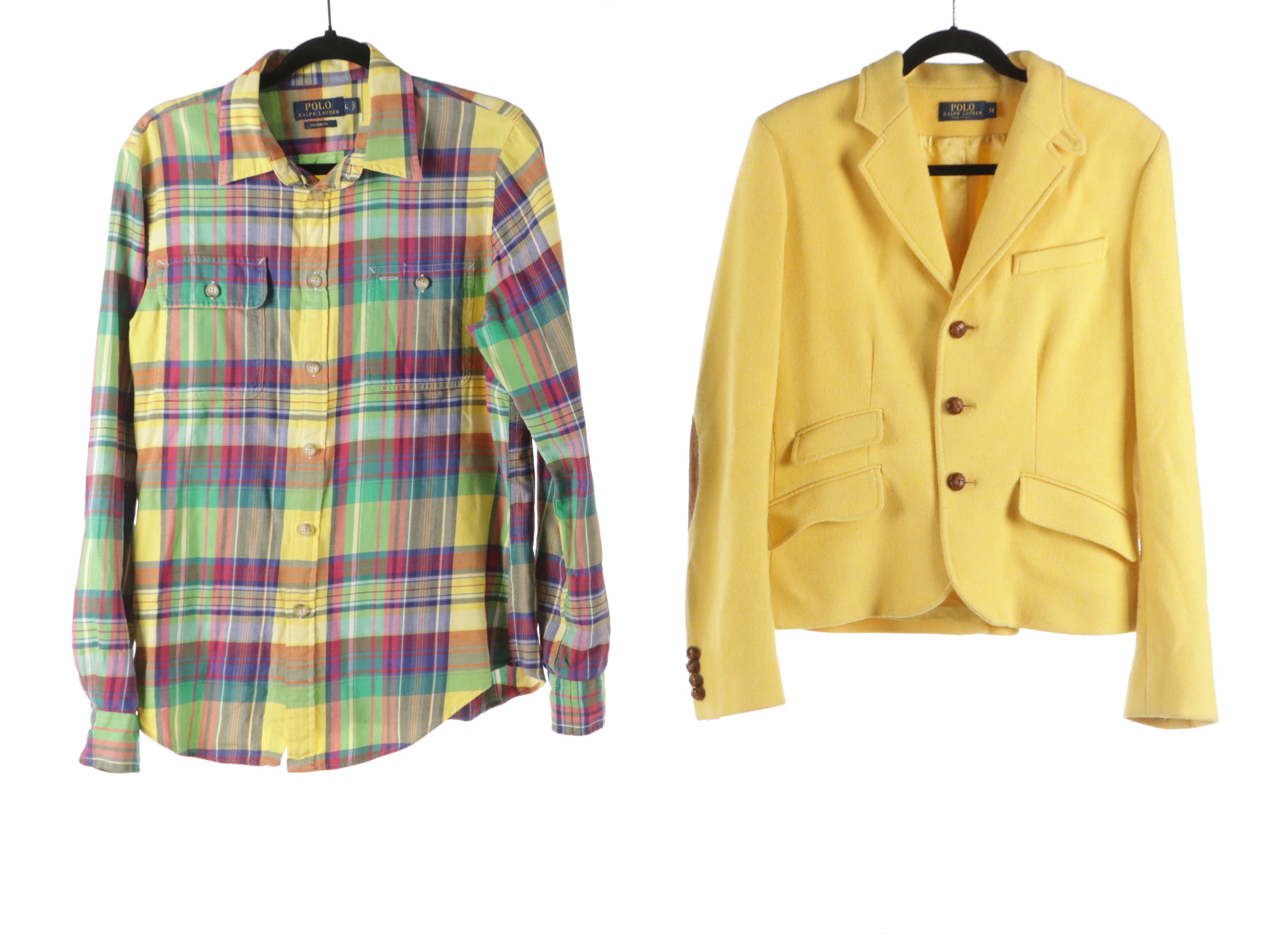 Polo Ralph Lauren Yellow Wool Blazer, V-Neck Top and Plaid Button Down Tops