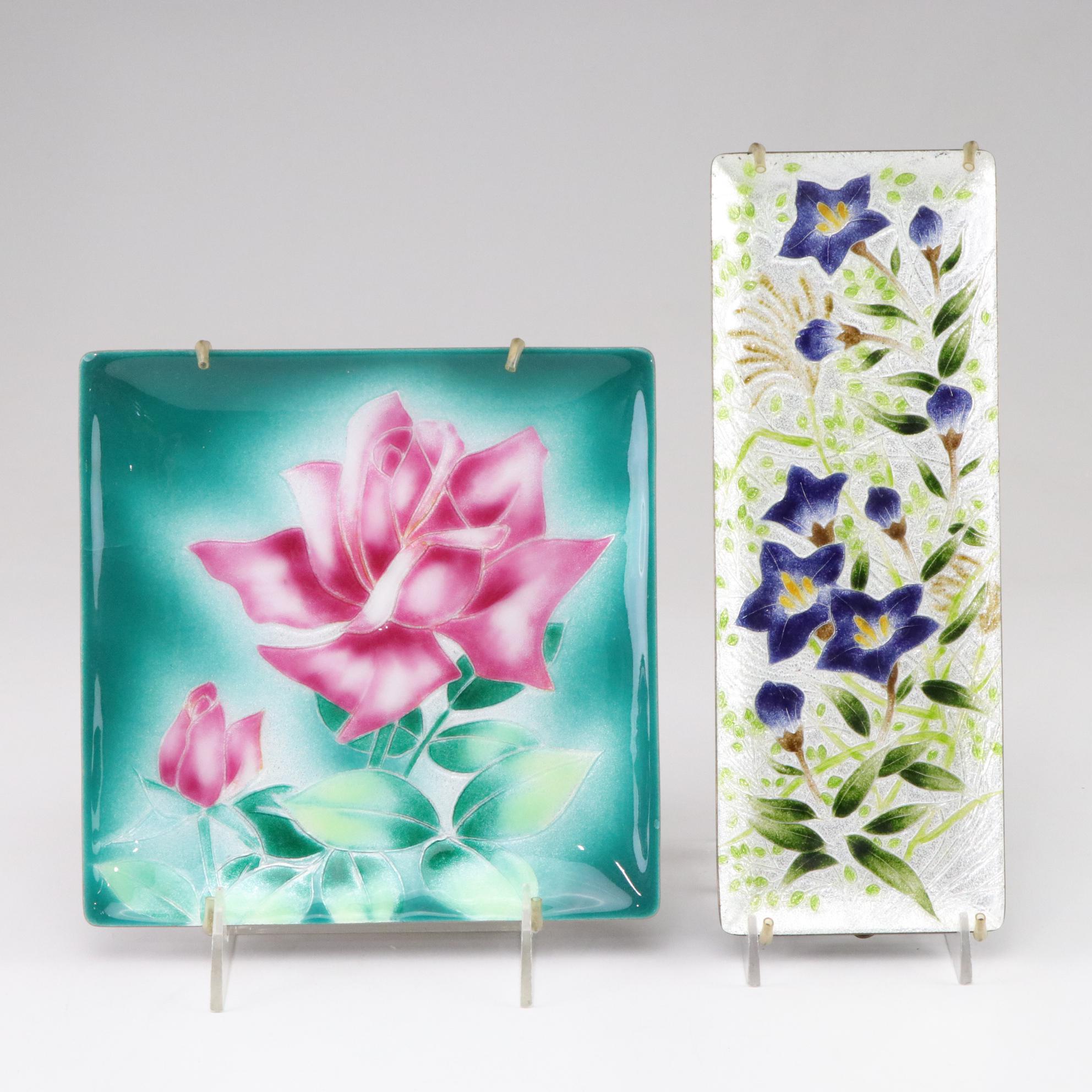 Japanese Ginbari Enamel Cloisonné Pink Rose & Blue Bellflower Decorative Plates