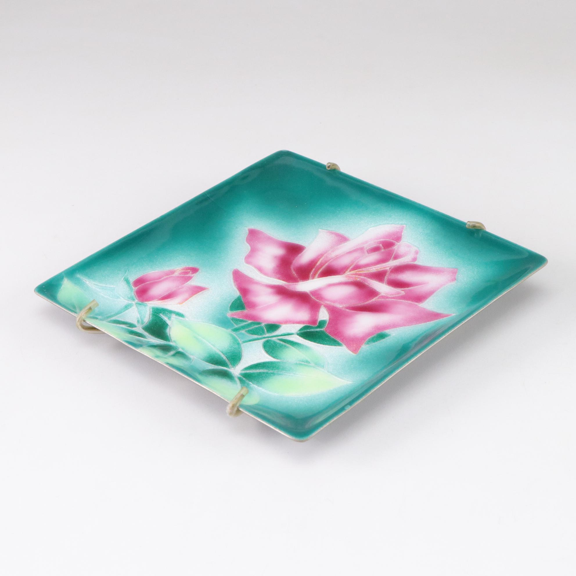 Japanese Ginbari Enamel Cloisonné Pink Rose & Blue Bellflower Decorative Plates