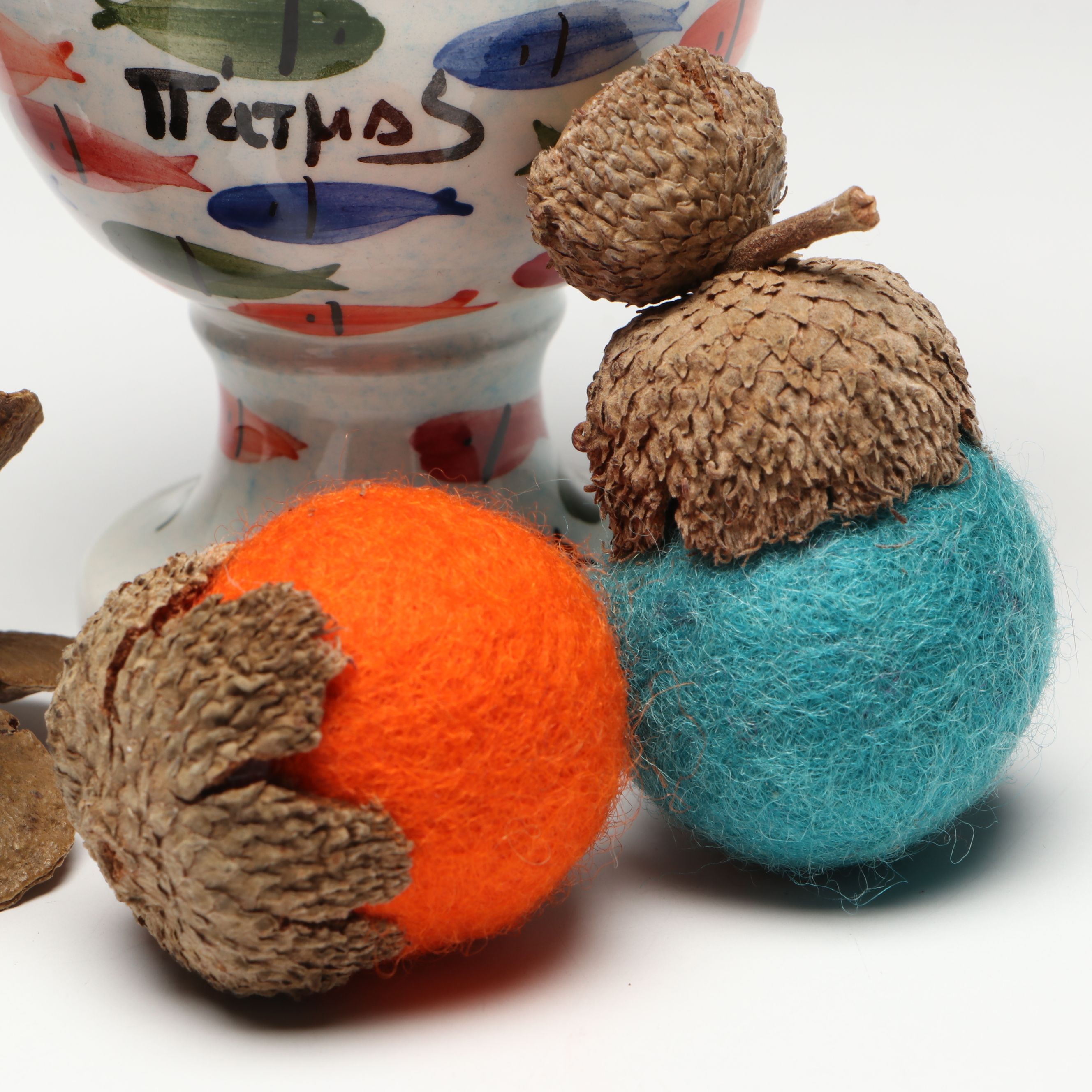 Tognana Picasso Porcelain Bottle with Greek Utensil Holder and Acorn Pom-Poms