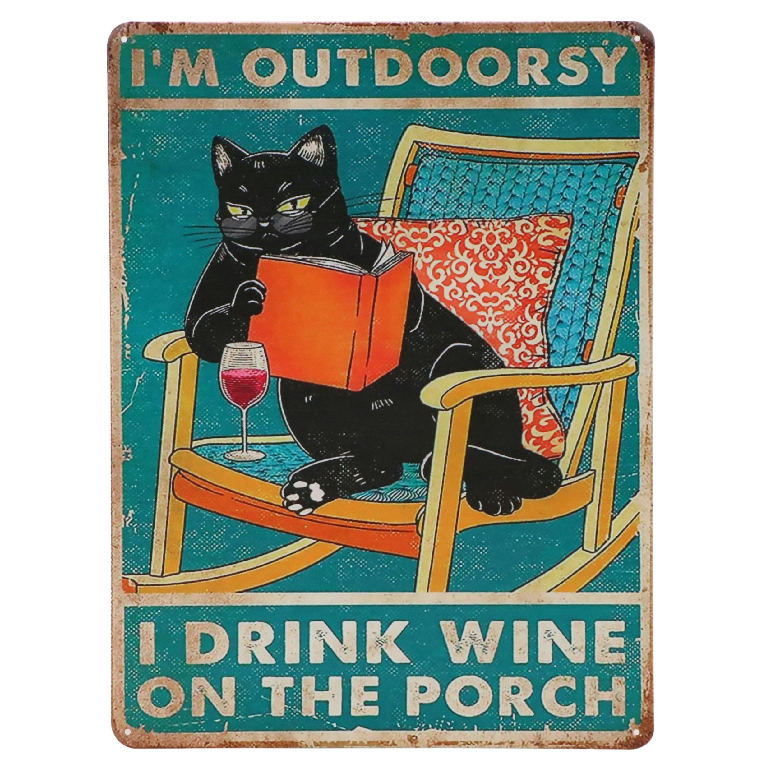 Giclée of Cheeky Black Cat "I'm Outdoorsy, I Drink Wine on the Porch," 21st C.