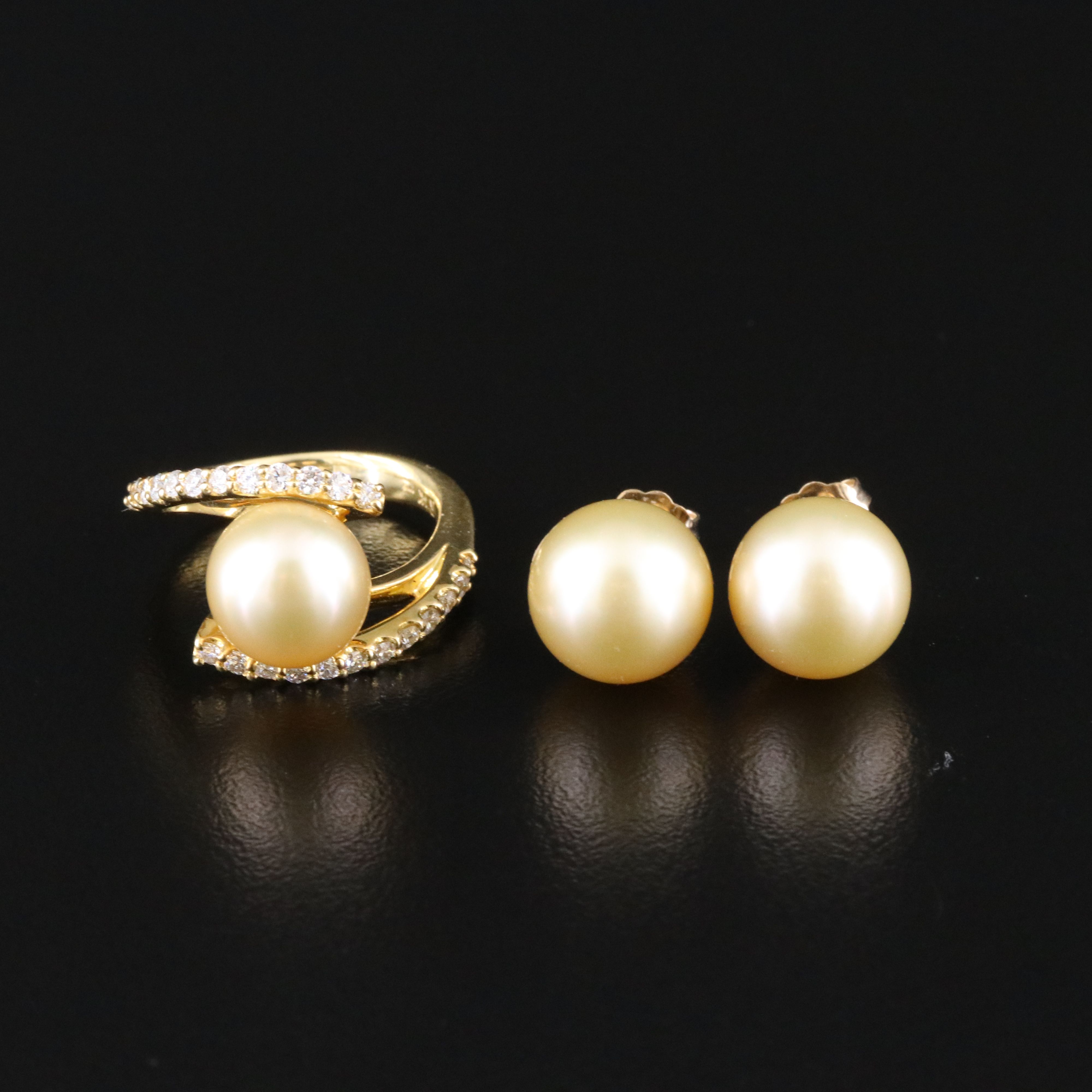 18K Pearl and Diamond Ring and 14K Pearl Earrings