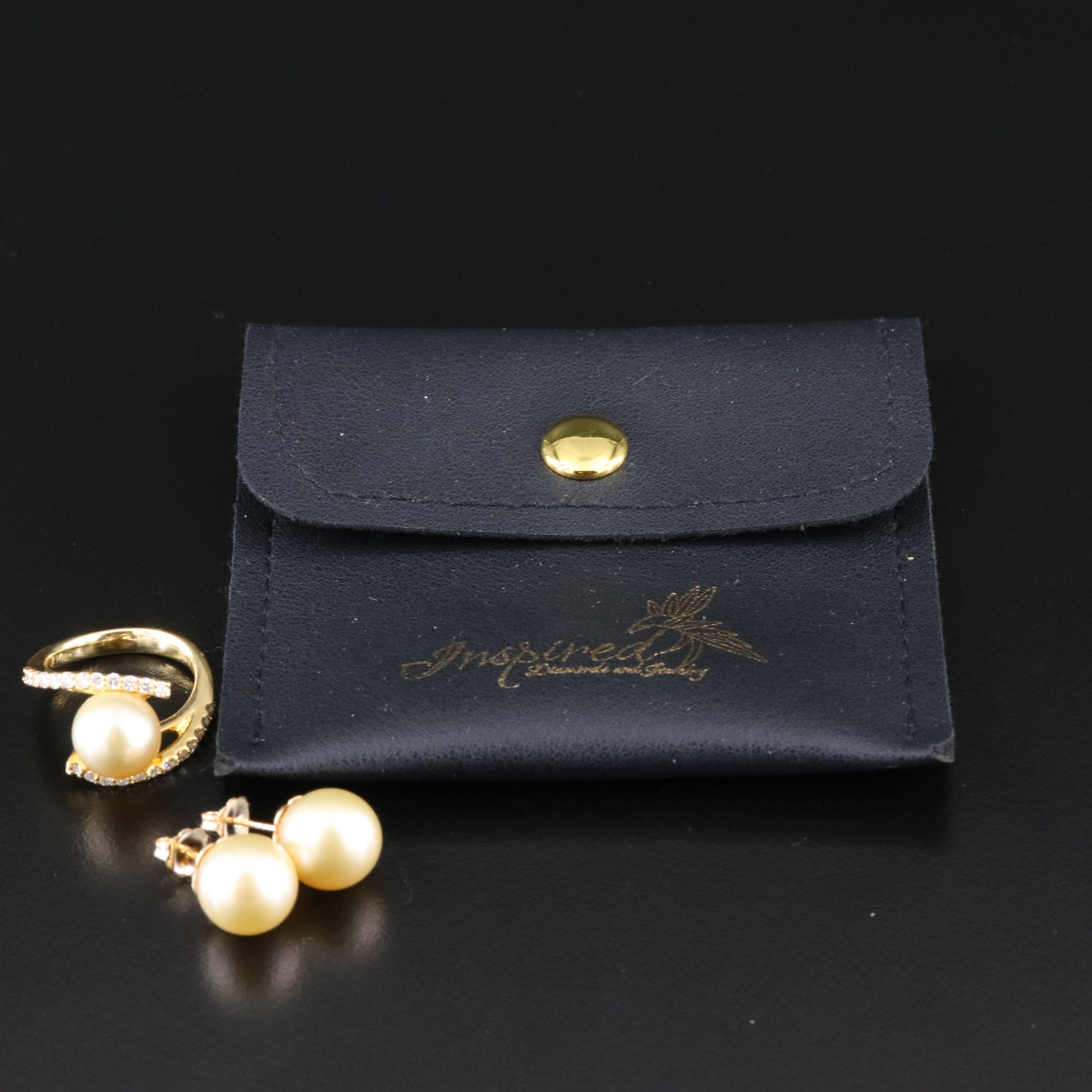 18K Pearl and Diamond Ring and 14K Pearl Earrings