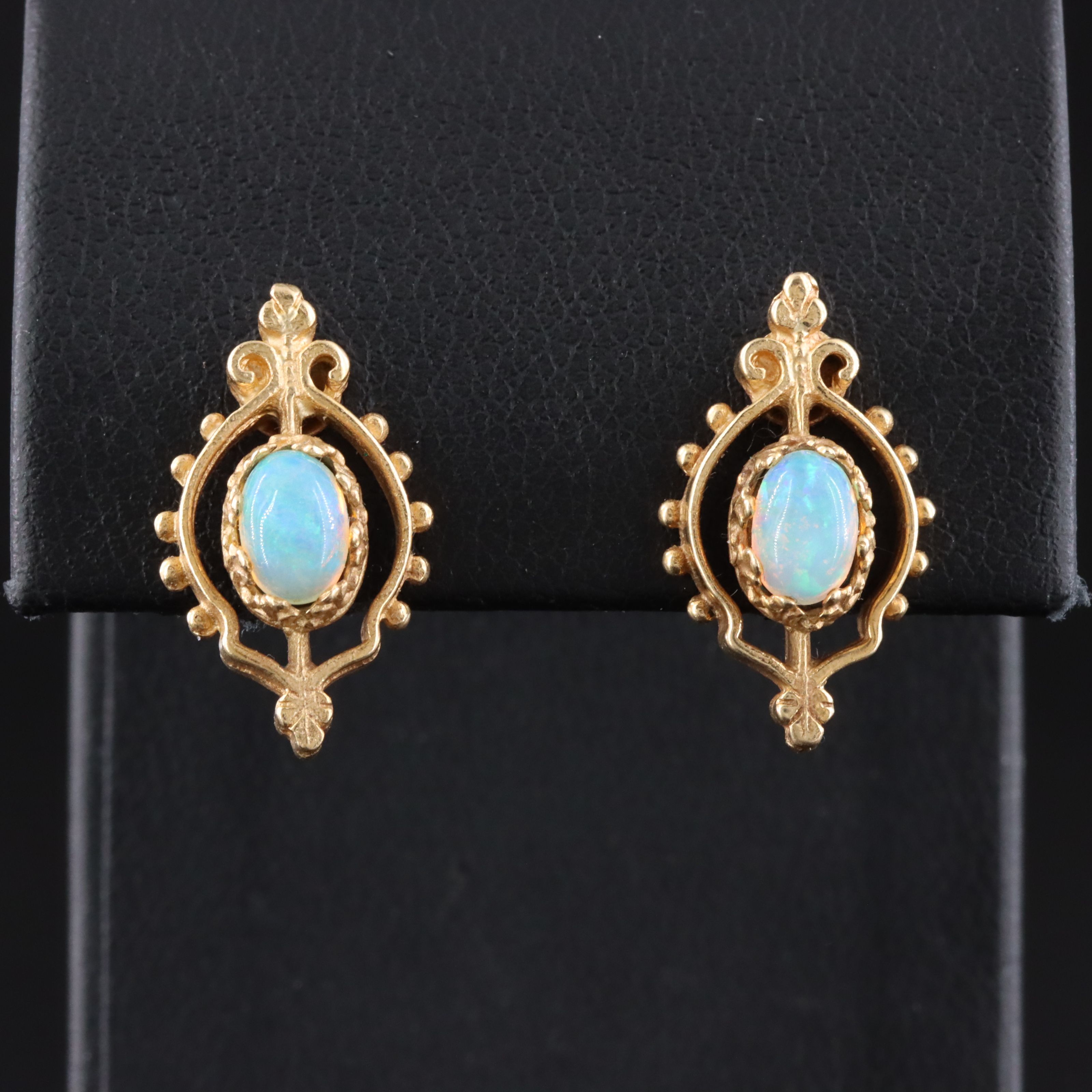 14K Opal Earrings in a Fleur-de-Lis Motif Setting